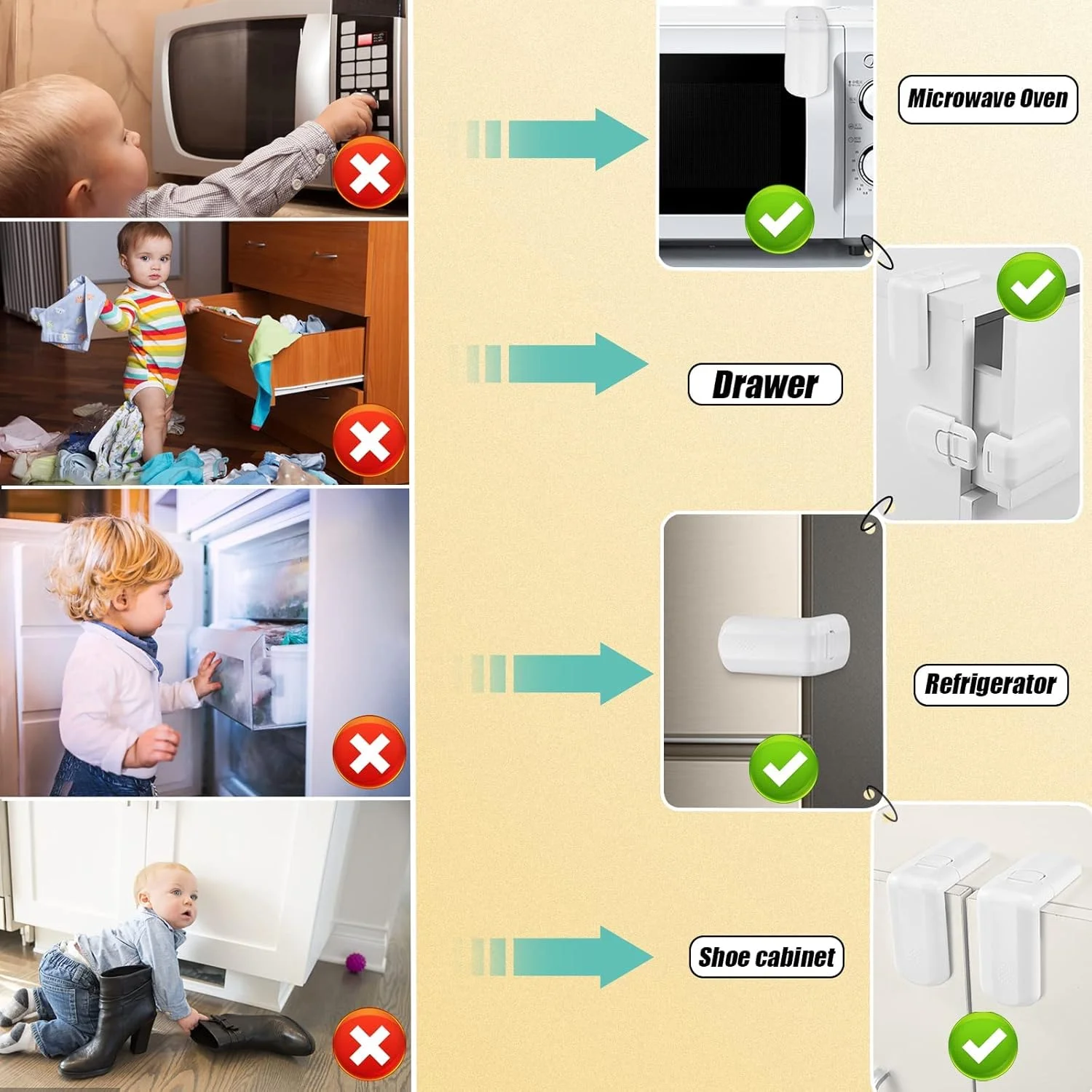 قفل ایمنی کابینت کودک آزون، 4 عدد قفل ایمنی یخچال برای درب یخچال و فریزر خانگی، با چسب و نصب آسان، قفل زاویه راست 90 درجه ضد نیشگون کودک