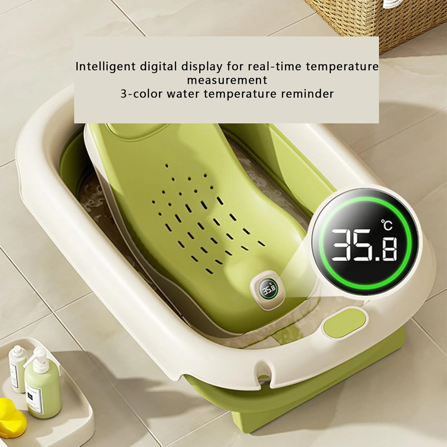 آب تنی کودک آزونه، ضد لغزش راحت با 3 موقعیت خوابیده و دماسنج، پشتیبانی حمام کودک برای استفاده روی پیشخوان، صندلی حمام نوزاد برای وان سینک نوزادان 0-12 ماهه