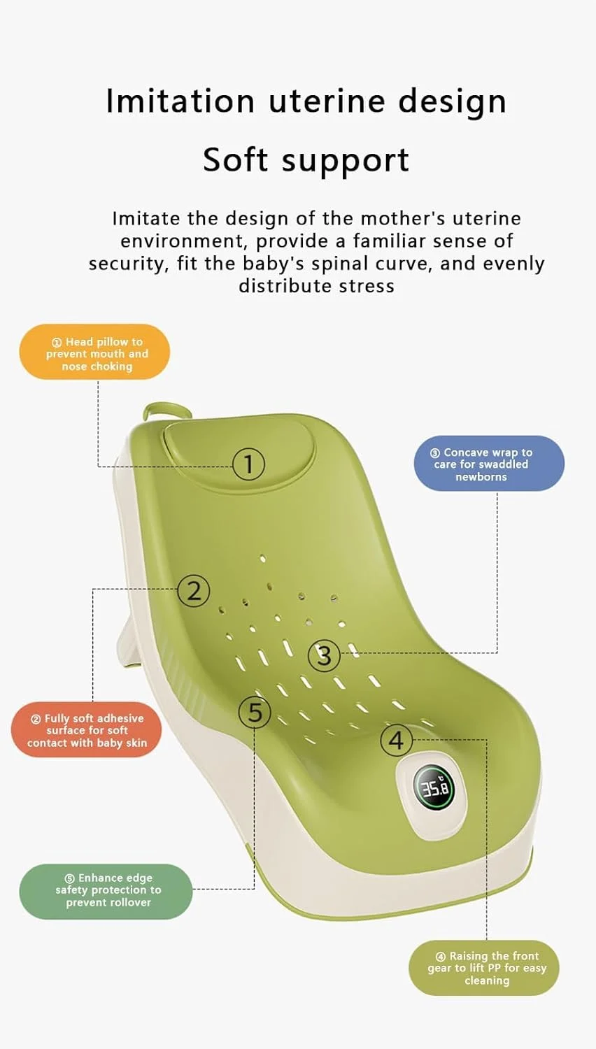 آب تنی کودک آزونه، ضد لغزش راحت با 3 موقعیت خوابیده و دماسنج، پشتیبانی حمام کودک برای استفاده روی پیشخوان، صندلی حمام نوزاد برای وان سینک نوزادان 0-12 ماهه