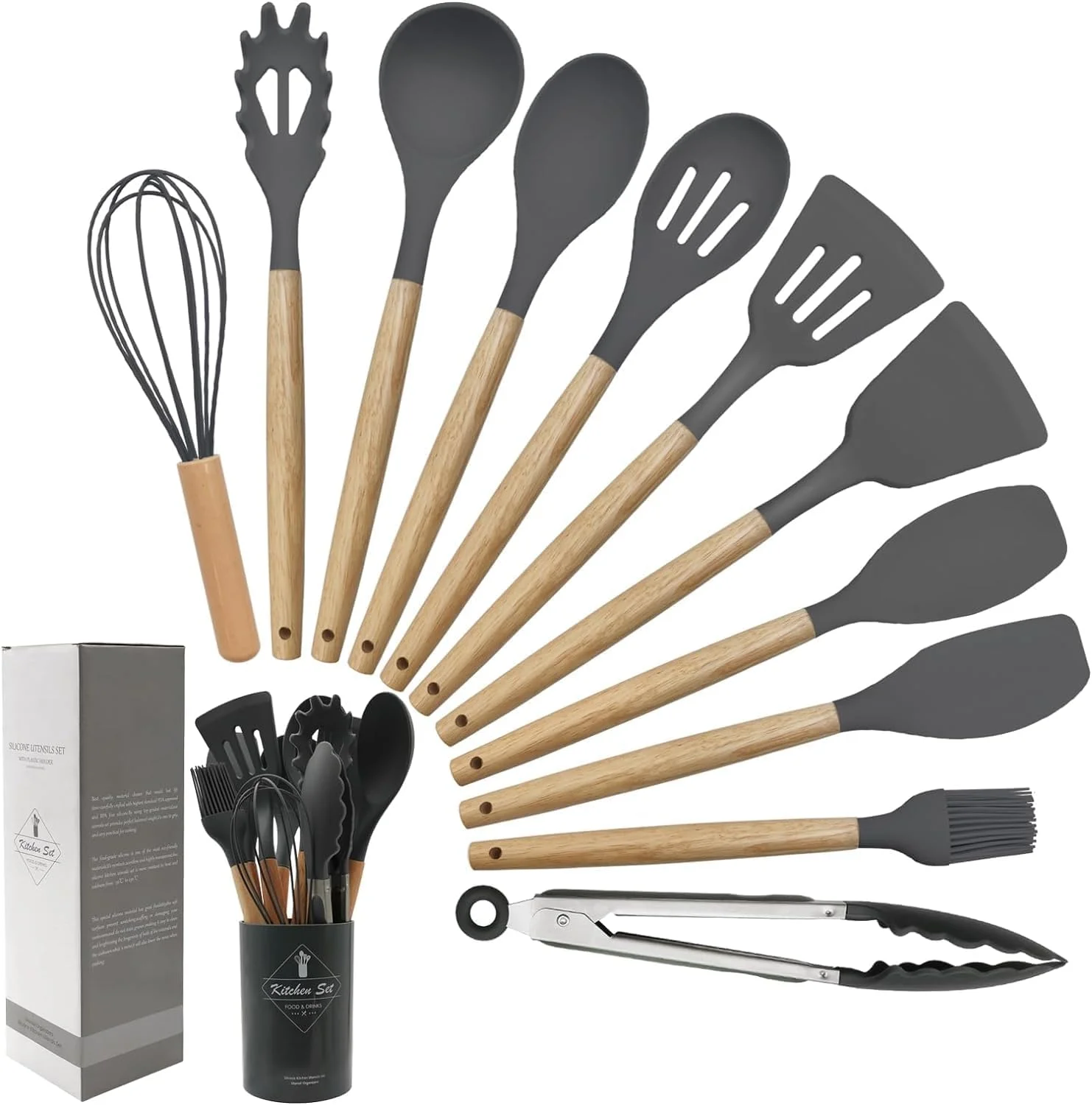 ست لوازم آشپزخانه سیلیکونی، 12 تکه، سیلیکونی و چوبی، نچسب، مقاوم در برابر حرارت - رنگ های متنوع
