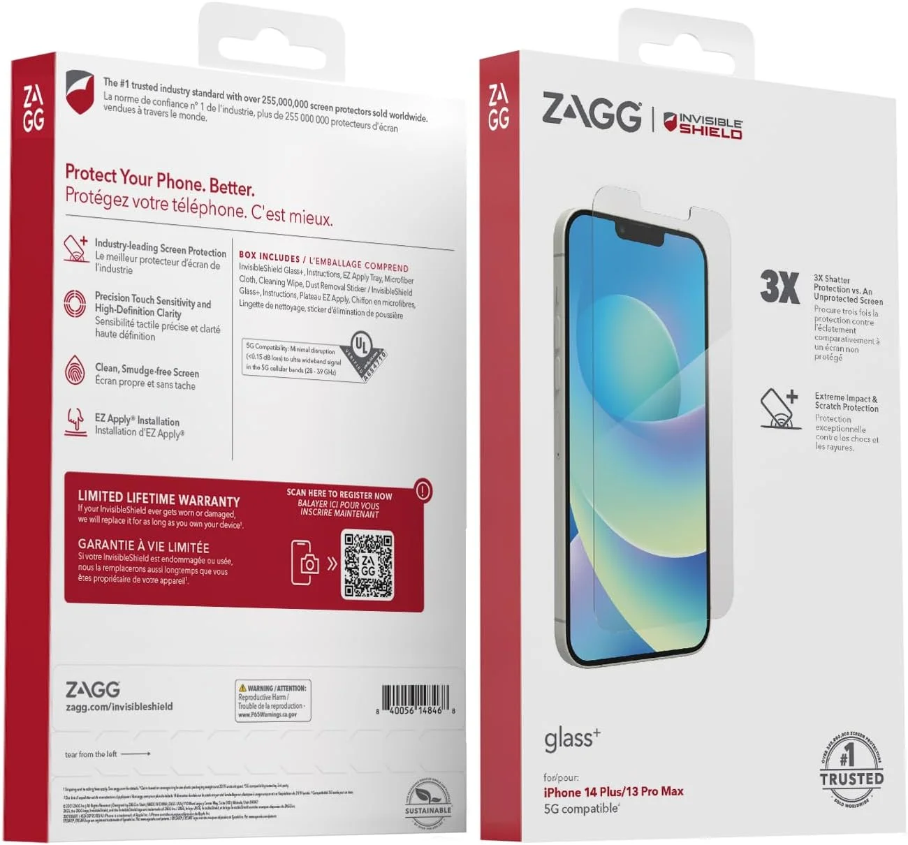 محافظ صفحه نمایش شیشه ای ZAGG InvisibleShield Glass+ برای Apple iPhone 14 Plus/ 13 Pro Max - محافظت در برابر ضربه و خراش، نصب آسان