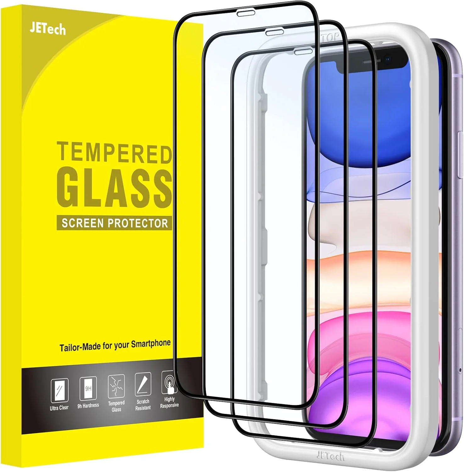 محافظ صفحه نمایش تمام صفحه JETech برای آیفون 11/XR 6.1 اینچی، لبه مشکی، فیلم شیشه ای حرارت دیده به همراه ابزار نصب آسان، سازگار با قاب، شفافیت HD، بسته 3 عددی
