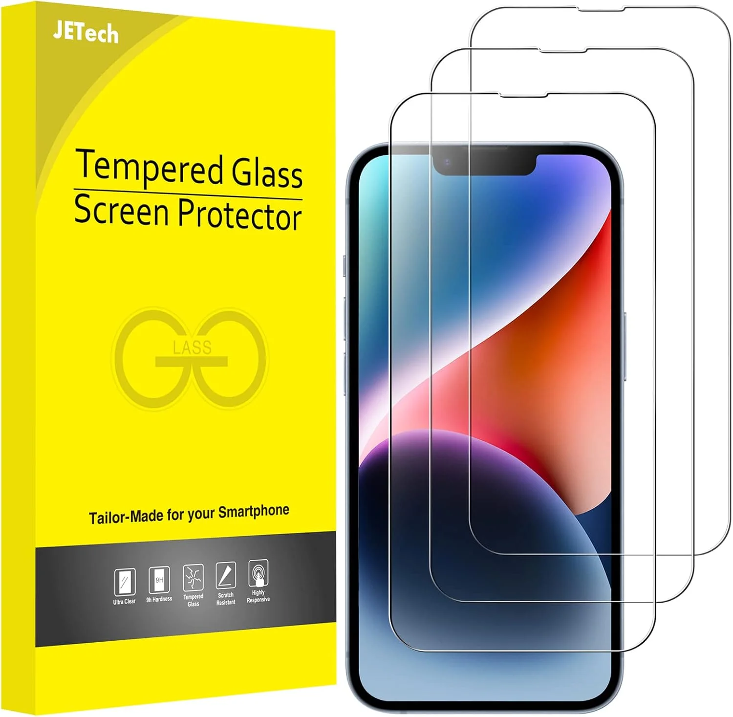 محافظ صفحه نمایش تمام پوشش JETech برای آیفون 16e 2025 و آیفون 14 6.1 اینچی، فیلم شیشه ای حرارت دیده 9H، سازگار با قاب، شفاف HD، بسته 3 عددی
