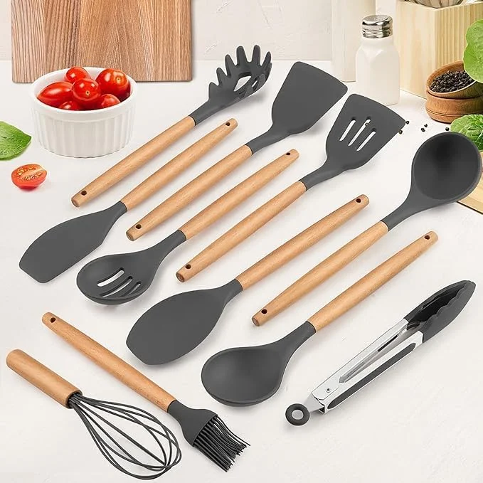 ست لوازم آشپزخانه سیلیکونی، 12 تکه، سیلیکونی و چوبی، نچسب، مقاوم در برابر حرارت - رنگ های متنوع