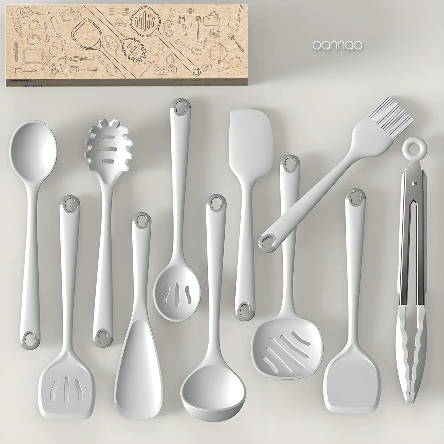 ست ظروف آشپزخانه سیلیکونی، ظروف آشپزی سیلیکونی مقاوم در برابر حرارت، کفگیر، قاشق، همزن، انبر، ست ابزار وسایل آشپزخانه برای ظروف نچسب، قابل شستشو در ماشین ظرفشویی، بدون BPA (سفید کرمی)