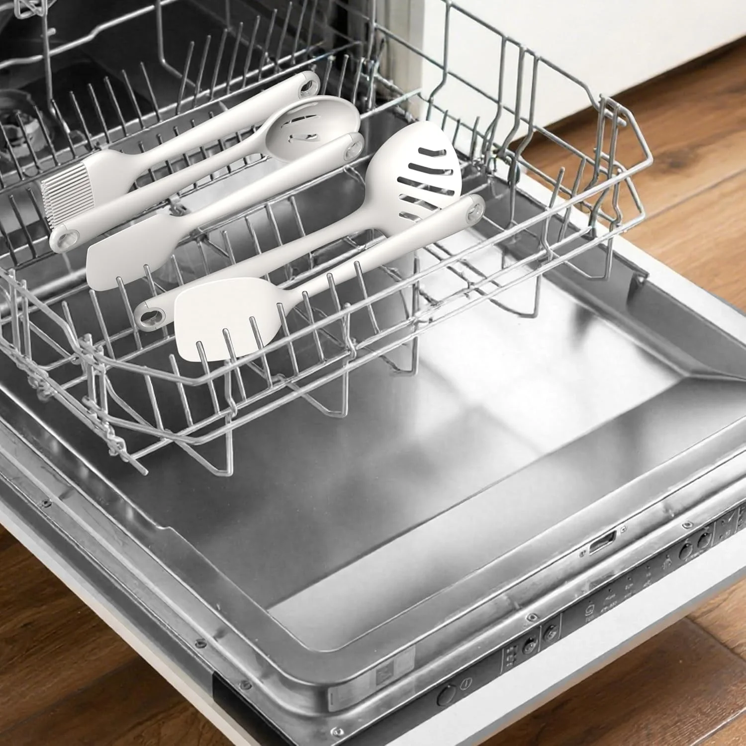 ست ظروف آشپزخانه سیلیکونی، ظروف آشپزی سیلیکونی مقاوم در برابر حرارت، کفگیر، قاشق، همزن، انبر، ست ابزار وسایل آشپزخانه برای ظروف نچسب، قابل شستشو در ماشین ظرفشویی، بدون BPA (سفید کرمی)