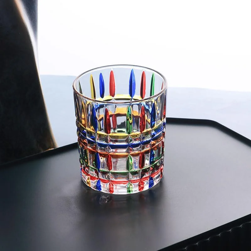 لیوان های رنگی نوشیدنی، لیوان های آب رنگی نقاشی شده با دست، لیوان ویسکی برای رام، بوربن، اسکاچ، آب، نوشیدنی ها (A)
