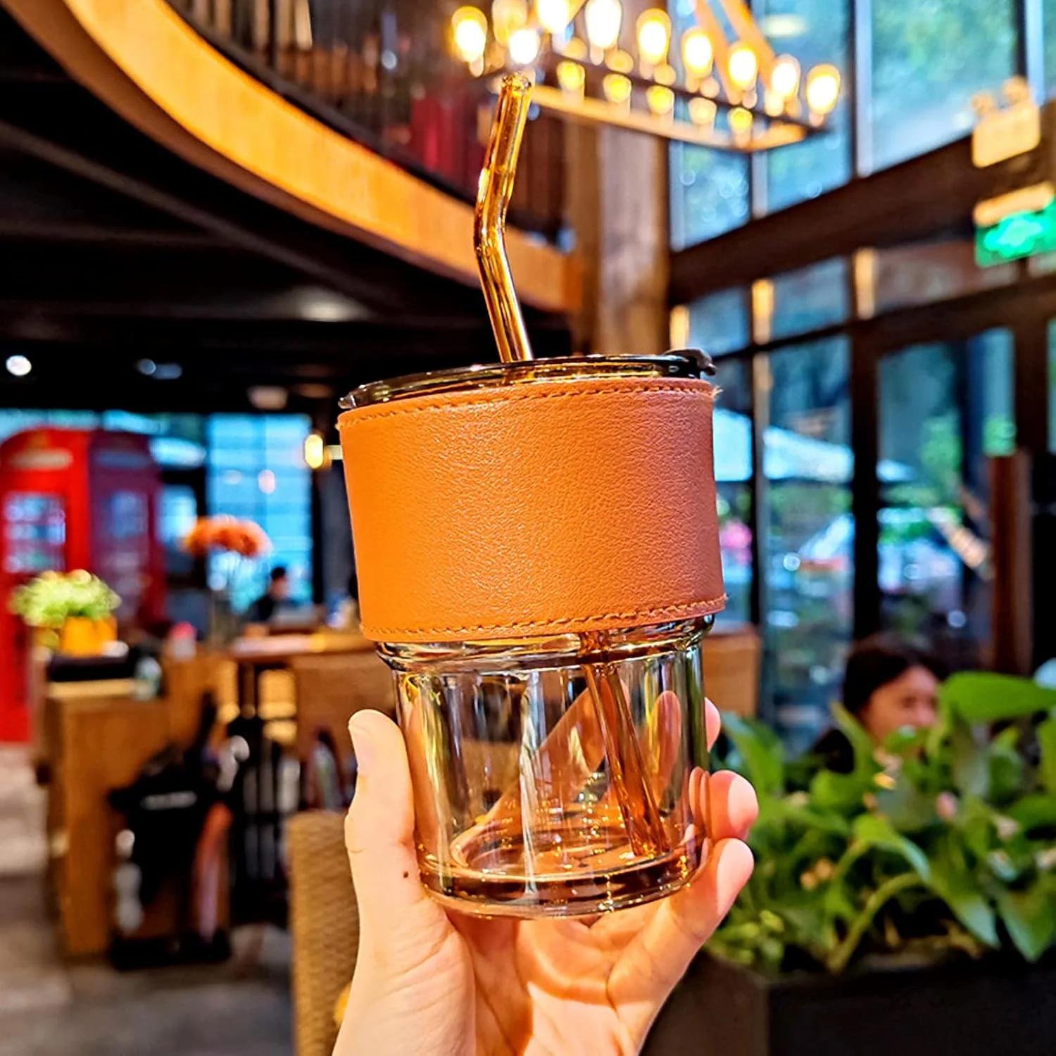 لیوان شیشه ای آبی پولار، مناسب برای آب، ماگ قهوه شیشه ای با نی و درب، فنجان چای سرد شیشه ای عایق با دیواره ضخیم به همراه محافظ (کهربایی) لیوان شیشه ای آبی پولار، مناسب برای آب، ماگ قهوه شیشه ای با نی و درب، فنجان چای سرد شیشه ای عایق با دیواره ضخیم به همراه محافظ (کهربایی)