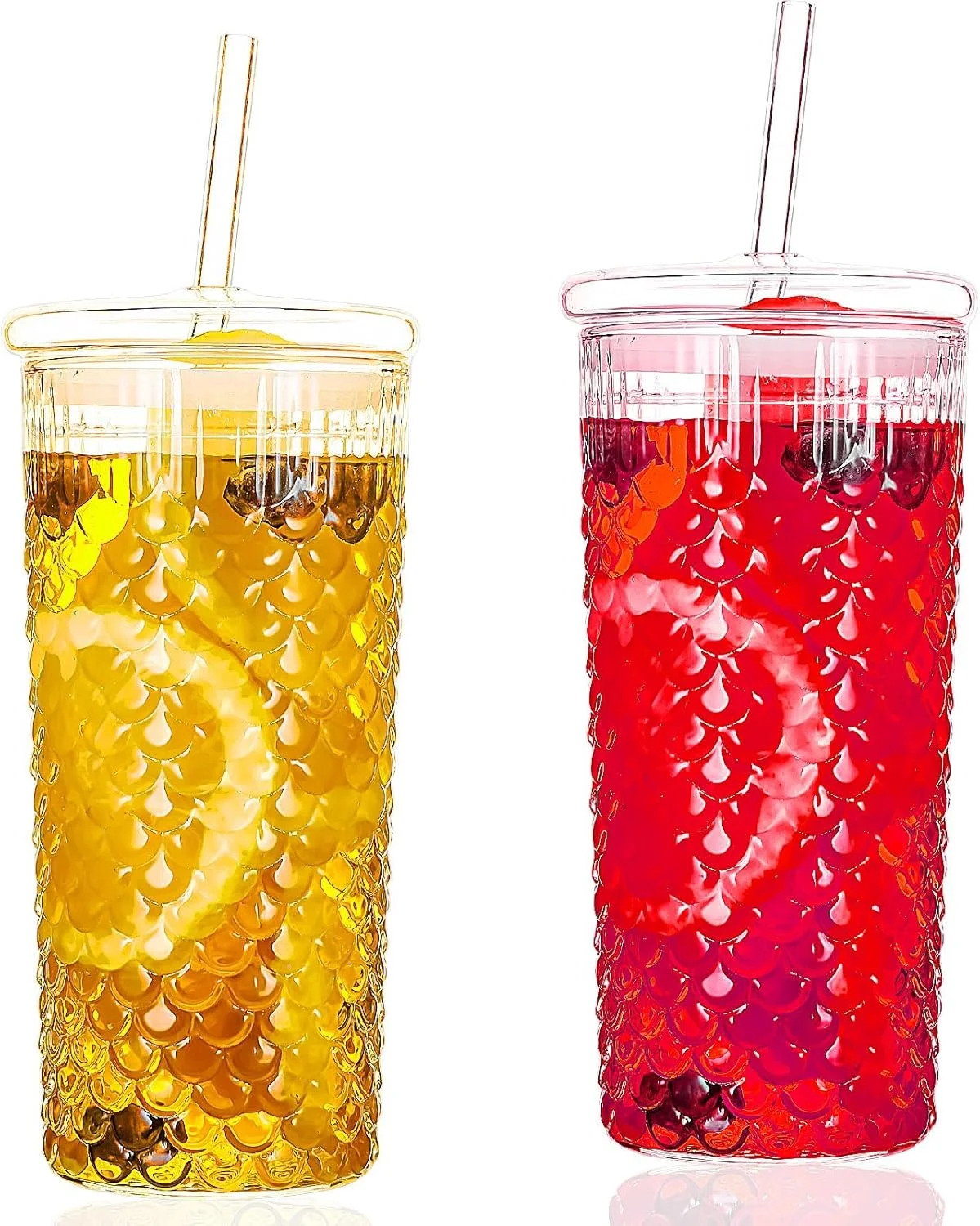 Azonee Textured Fish Scale 24oz Glass Cups with Lids and Straws, Iced Coffee Cups, Unique Set of 2 Glass Tumblers with Straws, Reusable Glass Coffee Cups Set for Hot and Cold Drinkss