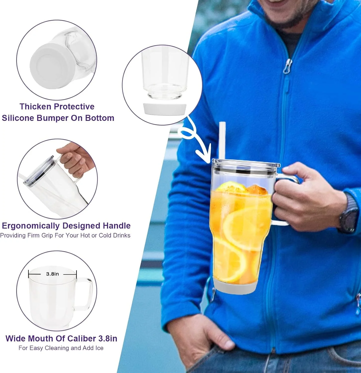 Azonee 32 oz Glass Tumbler with Handle, Glass Water Bottles with Lid and Straw, Reusable Iced Coffee Cup with Silicone Bumper for Beer - Fits in Car Holder, BPA Free, Leak Proof, Dishwasher Safe Azonee 32 oz Glass Tumbler with Handle, Glass Water Bottles with Lid and Straw, Reusable Iced Coffee Cup with Silicone Bumper for Beer - Fits in Car Holder, BPA Free, Leak Proof, Dishwasher Safe