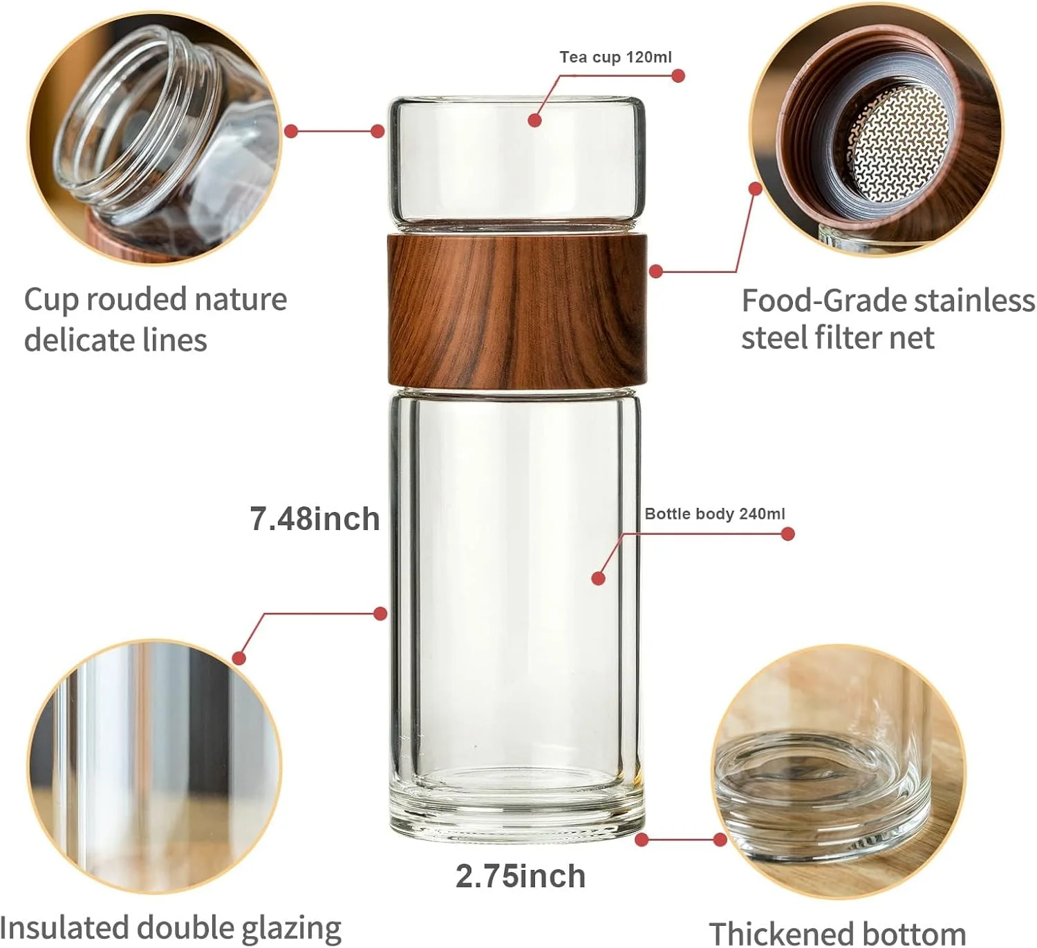 Azonee Double Glazed Tea Mug, 12.5Oz Glass Water Bottle with Tea Infuser Portable Tea Tumbler Travel Tea Mug for Tea, Coffee, Cold Water, Hot Water Azonee Double Glazed Tea Mug, 12.5Oz Glass Water Bottle with Tea Infuser Portable Tea Tumbler Travel Tea Mug for Tea, Coffee, Cold Water, Hot Water