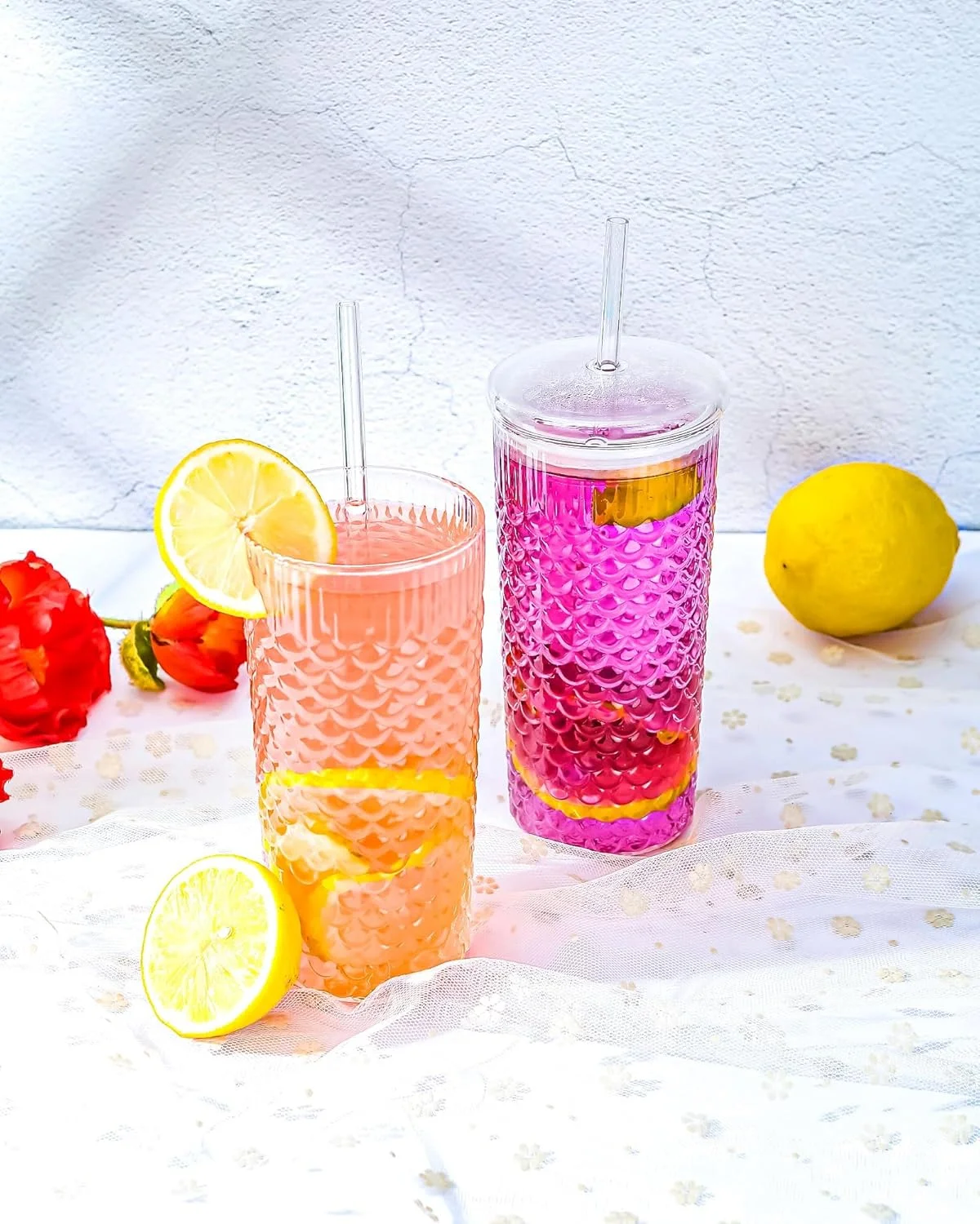 Azonee Textured Fish Scale 24oz Glass Cups with Lids and Straws, Iced Coffee Cups, Unique Set of 2 Glass Tumblers with Straws, Reusable Glass Coffee Cups Set for Hot and Cold Drinkss Azonee Textured Fish Scale 24oz Glass Cups with Lids and Straws, Iced Coffee Cups, Unique Set of 2 Glass Tumblers with Straws, Reusable Glass Coffee Cups Set for Hot and Cold Drinkss