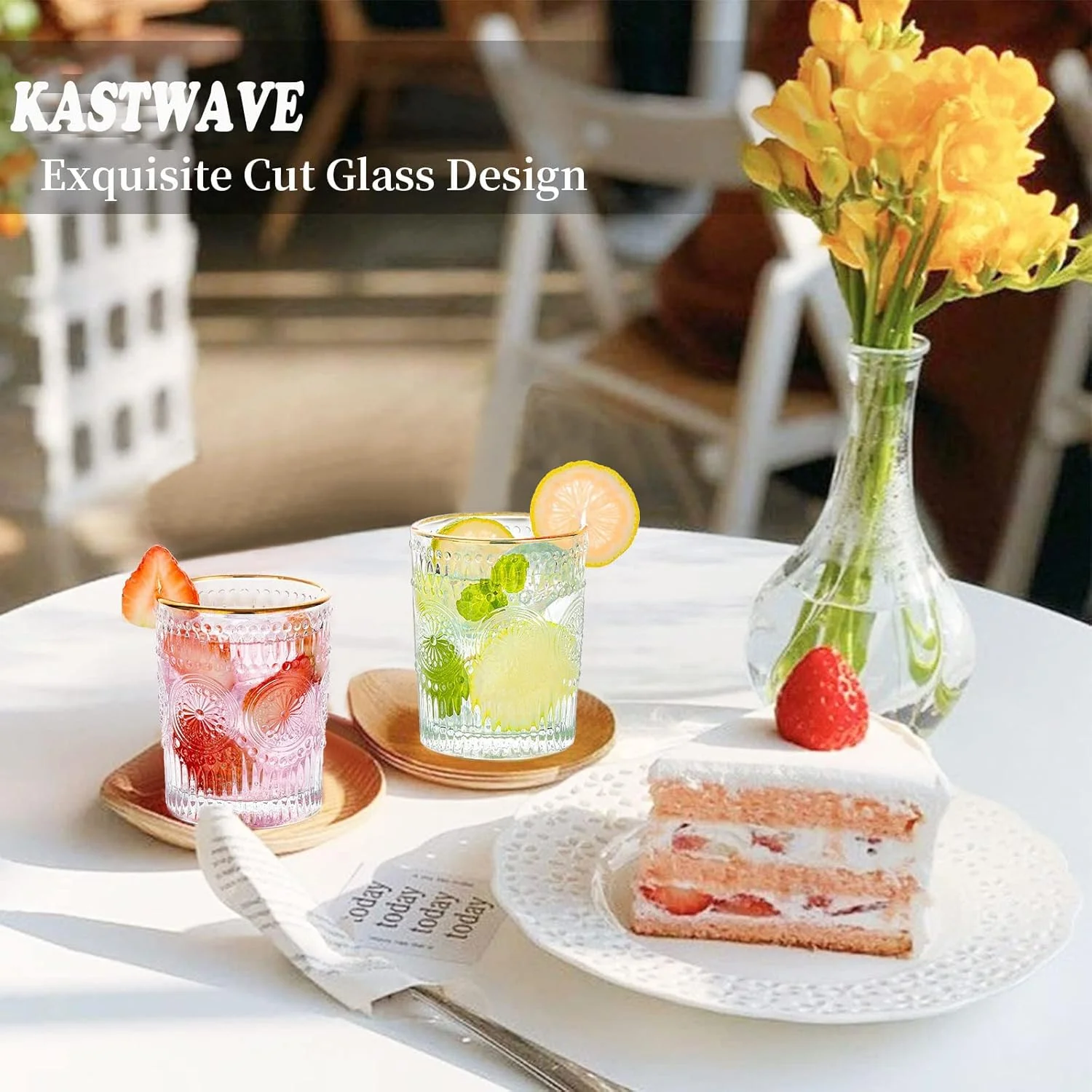 ست لیوان آب خوری KASTWAVE، ست 6 عددی لیوان های کریستالی قدیمی، لیوان شیشه ای، برای نوشیدنی های قهوه آب میوه، نوشیدنی ها، ست ظروف شیشه ای قدیمی برای مهمانی های شام، رستوران ها، خانه