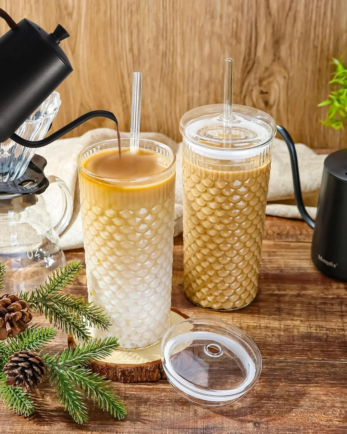 Azonee Textured Fish Scale 24oz Glass Cups with Lids and Straws, Iced Coffee Cups, Unique Set of 2 Glass Tumblers with Straws, Reusable Glass Coffee Cups Set for Hot and Cold Drinkss Azonee Textured Fish Scale 24oz Glass Cups with Lids and Straws, Iced Coffee Cups, Unique Set of 2 Glass Tumblers with Straws, Reusable Glass Coffee Cups Set for Hot and Cold Drinkss