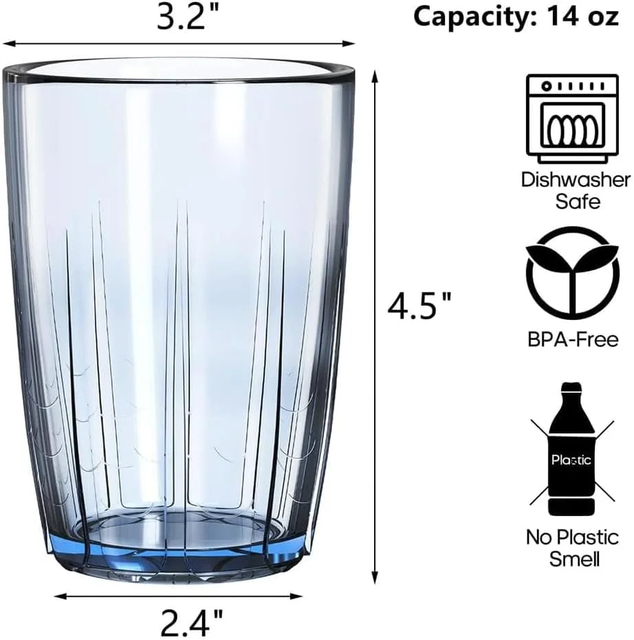 Joyzzz Unbreakable Cup, 6 Pcs 14 oz Unbreakable Acrylic Drinking Cups, Reusable Plastic Drinking Glasses, Stackable Beverage Tumbler for Juice, Lemonade, Ice Coffee, BPA-free, Dishwasher Safe
