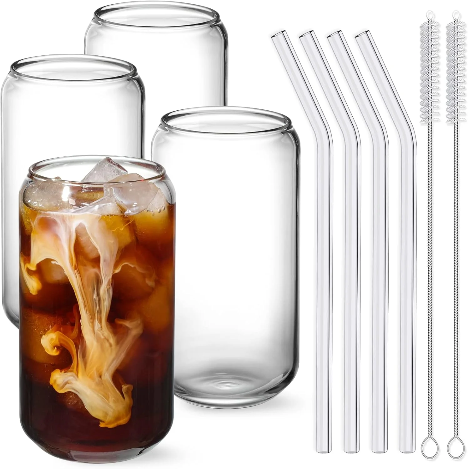 ست 4 عددی لیوان شیشه ای نی دار NETANY - لیوان های شیشه ای طرح قوطی 470 میلی لیتری، لیوان آبجو، لیوان قهوه سرد، لیوان فانتزی، لیوان های نوشیدنی شفاف، ایده آل برای کوکتل، ویسکی، نوشابه، چای، آب، هدیه، مهمانی - 2 برس تمیز کننده