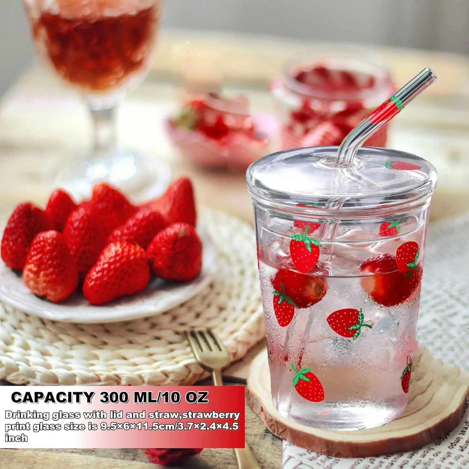 لیوان شیشه ای 300 میلی لیتری برای نوشیدن آب با طرح توت فرنگی، همراه با درب و نی، لیوان ماگ برای دختر، پسر و کودک لیوان شیشه ای 300 میلی لیتری برای نوشیدن آب با طرح توت فرنگی، همراه با درب و نی، لیوان ماگ برای دختر، پسر و کودک