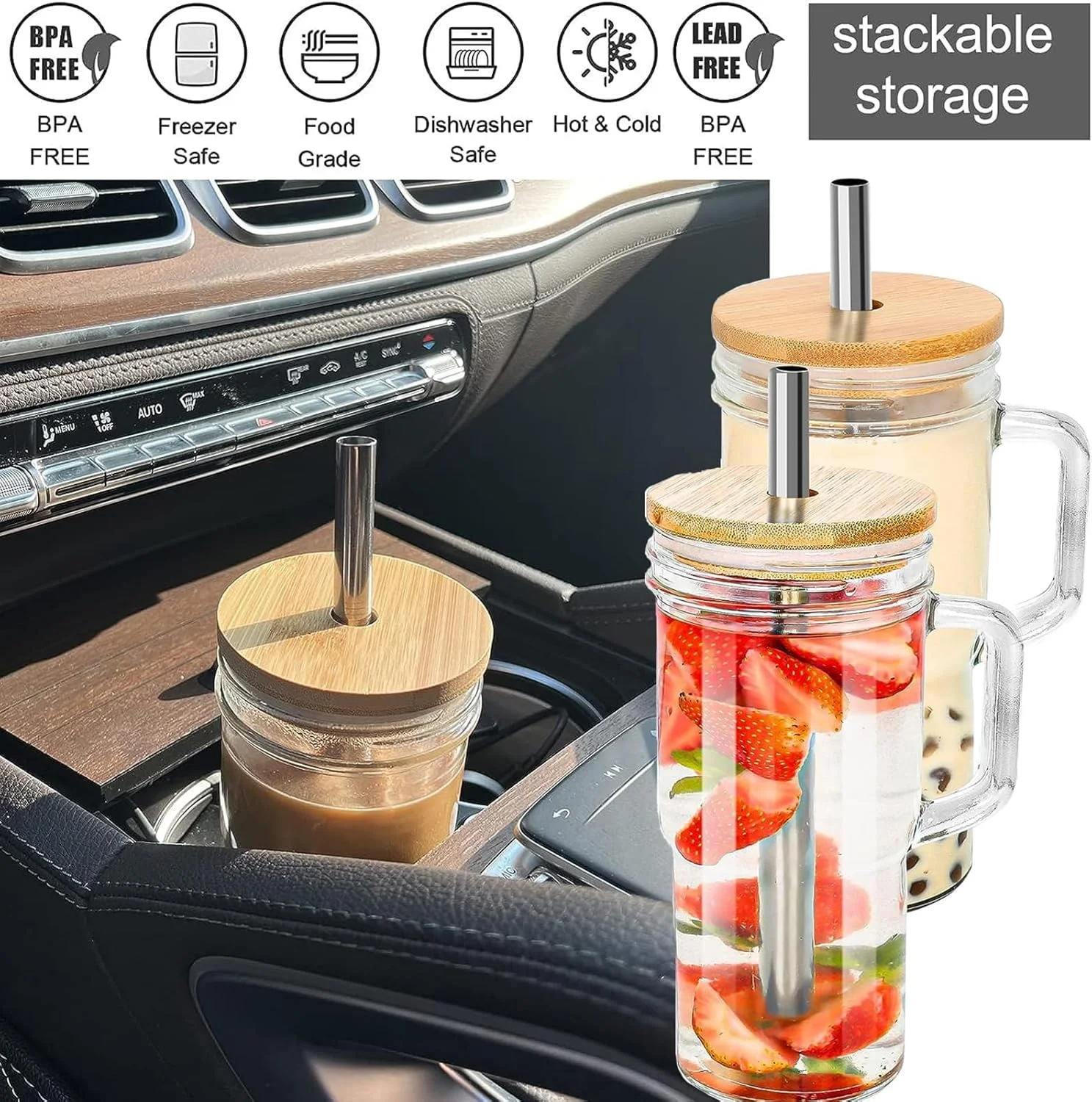 لیوان های شیشه ای NALACAL با درب بامبو و نی، لیوان های Tumbler با دسته 710 میلی لیتر، شیشه های دهان گشاد قابل استفاده مجدد، لیوان بوبا، لیوان اسموتی، لیوان قهوه سرد، لیوان مسافرتی لیوان های شیشه ای NALACAL با درب بامبو و نی، لیوان های Tumbler با دسته 710 میلی لیتر، شیشه های دهان گشاد قابل استفاده مجدد، لیوان بوبا، لیوان اسموتی، لیوان قهوه سرد، لیوان مسافرتی