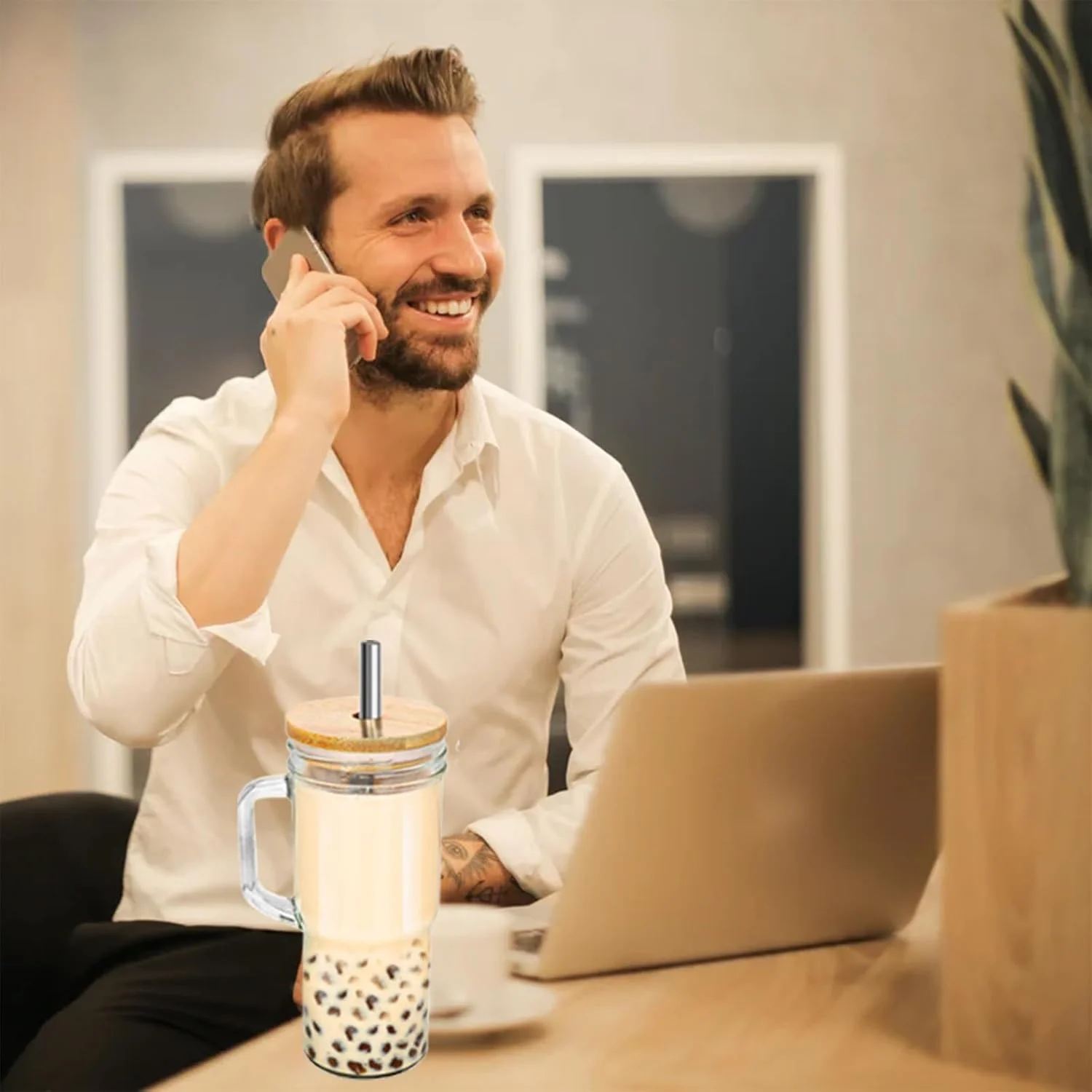 لیوان های شیشه ای NALACAL با درب بامبو و نی، لیوان های Tumbler با دسته 710 میلی لیتر، شیشه های دهان گشاد قابل استفاده مجدد، لیوان بوبا، لیوان اسموتی، لیوان قهوه سرد، لیوان مسافرتی لیوان های شیشه ای NALACAL با درب بامبو و نی، لیوان های Tumbler با دسته 710 میلی لیتر، شیشه های دهان گشاد قابل استفاده مجدد، لیوان بوبا، لیوان اسموتی، لیوان قهوه سرد، لیوان مسافرتی