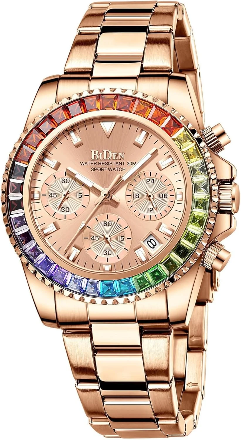 ساعت مچی زنانه آزونه، ساعت لوکس الماس زنانه، ساعت کوارتز کرنوگراف استیل ضد زنگ با زه چرخان، ضد آب، دارای تاریخ، عقربه ای، مناسب برای استایل های رسمی، اسپرت و مجلسی