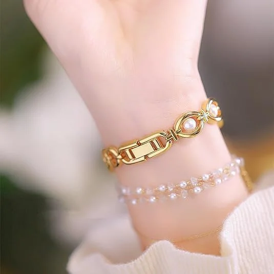 ساعت مچی زنانه آزون، ساعت مچی ظریف زنانه بند استیل ضد آب، ساعت مچی آنالوگ دستبندی زنانه صفحه بیضی مرواریدی لوکس و ظریف