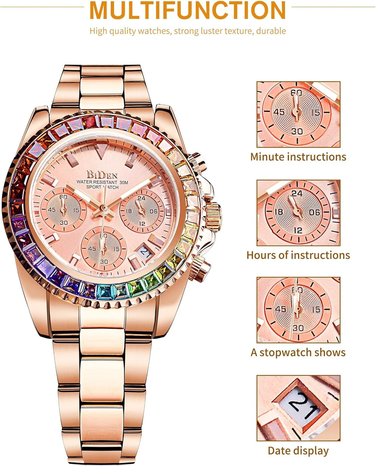 ساعت مچی زنانه آزونه، ساعت لوکس الماس زنانه، ساعت کوارتز کرنوگراف استیل ضد زنگ با زه چرخان، ضد آب، دارای تاریخ، عقربه ای، مناسب برای استایل های رسمی، اسپرت و مجلسی