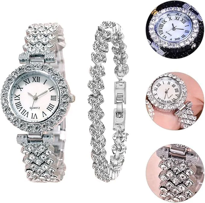 ست ساعت و دستبند زنانه آزونه Elegante، ساعت مچی استیل ضد زنگ با کریستال های براق به همراه النگوی ست، مناسب برای هدیه فارغ التحصیلی، نقره ای، مینیمالیستی ست ساعت و دستبند زنانه آزونه Elegante، ساعت مچی استیل ضد زنگ با کریستال های براق به همراه النگوی ست، مناسب برای هدیه فارغ التحصیلی، نقره ای، مینیمالیستی