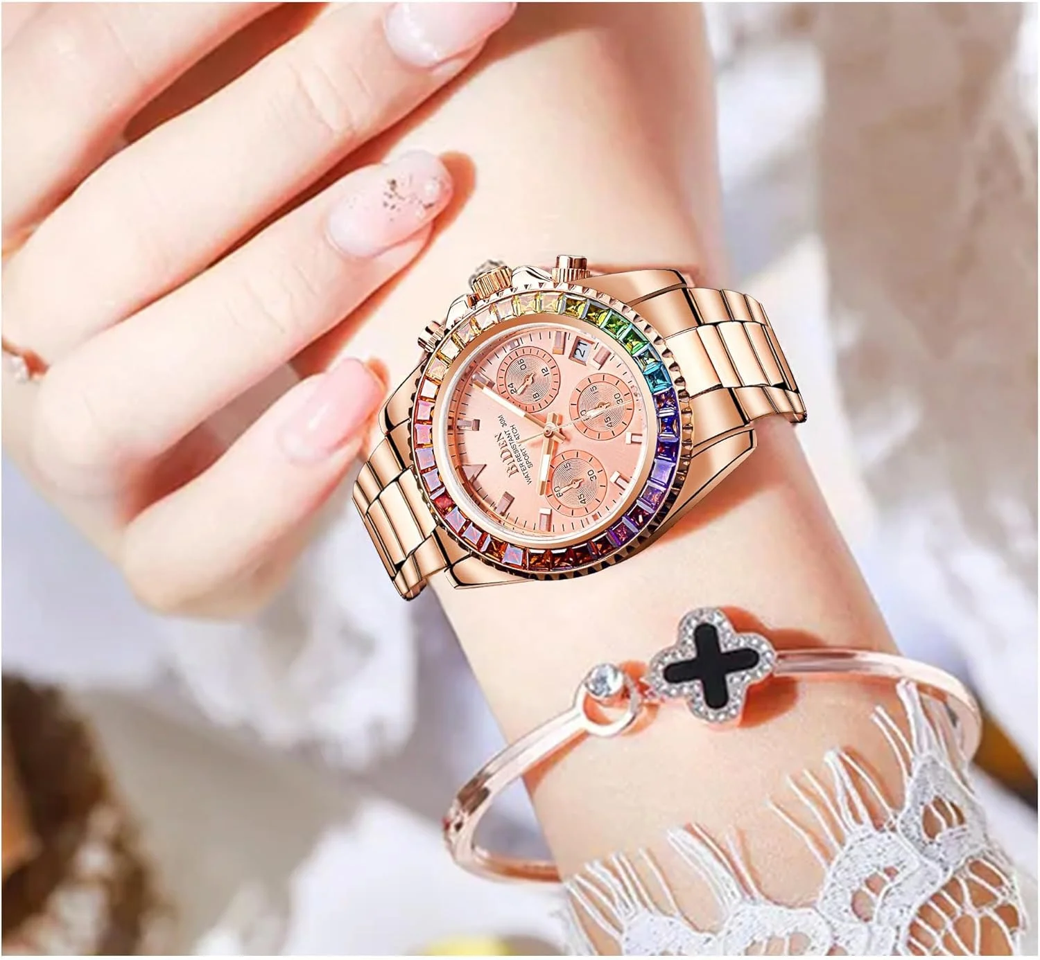 ساعت مچی زنانه آزونه، ساعت لوکس الماس زنانه، ساعت کوارتز کرنوگراف استیل ضد زنگ با زه چرخان، ضد آب، دارای تاریخ، عقربه ای، مناسب برای استایل های رسمی، اسپرت و مجلسی