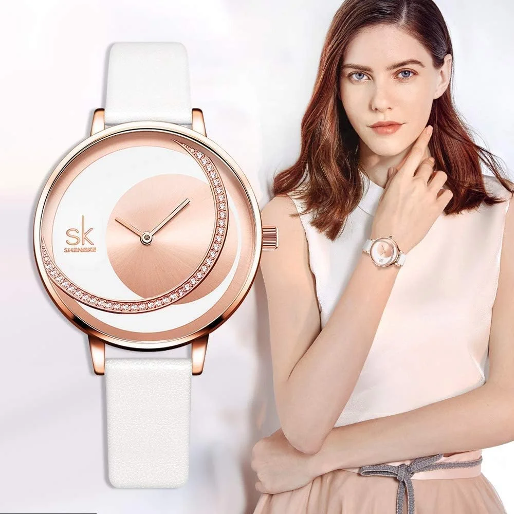 ساعت مچی زنانه بند چرمی اصل، Azonee، ساعت های الماس زنانه ظریف و خلاقانه طرح ماه ساده، ساعت مچی تجاری زنانه