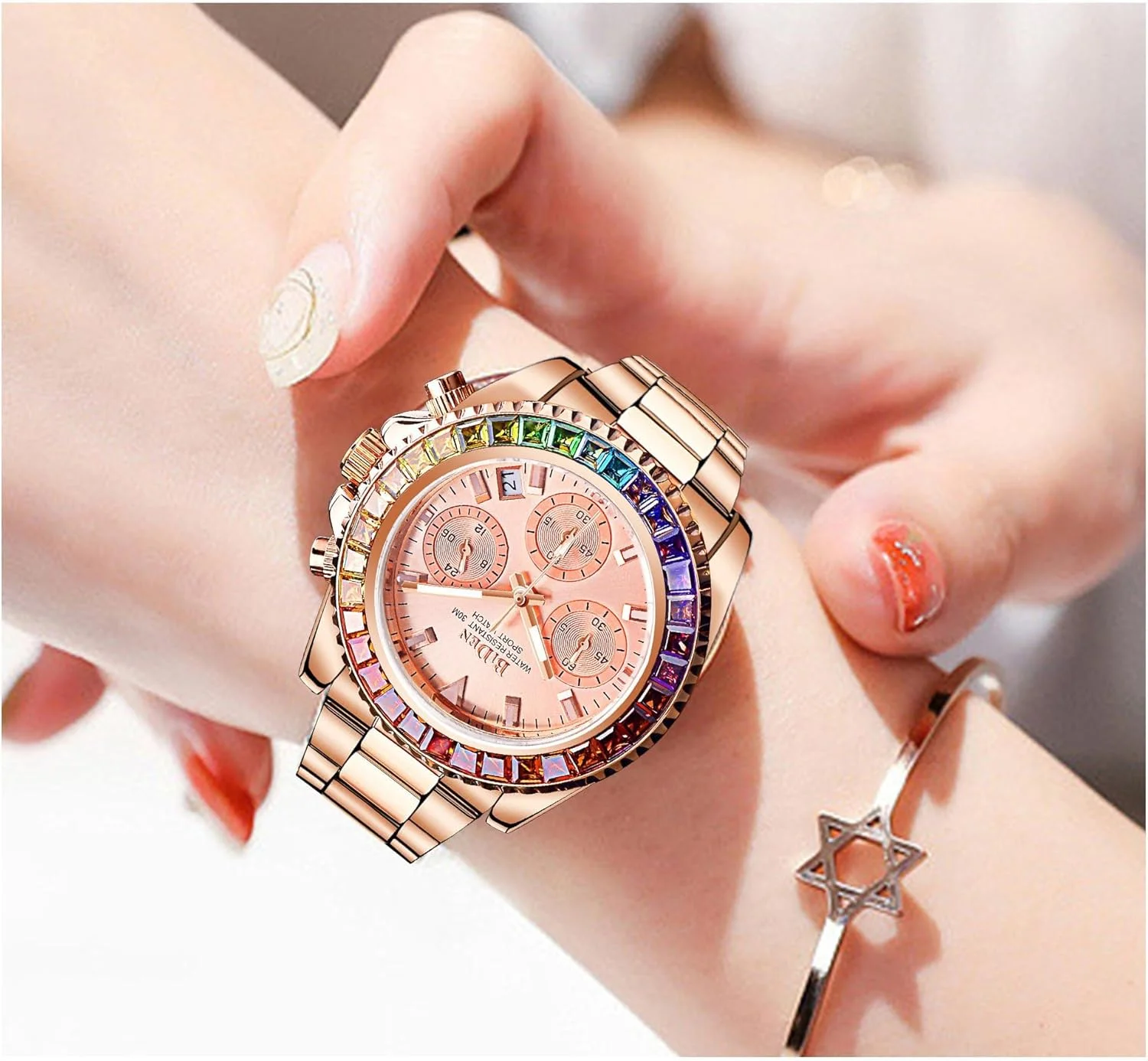 ساعت مچی زنانه آزونه، ساعت لوکس الماس زنانه، ساعت کوارتز کرنوگراف استیل ضد زنگ با زه چرخان، ضد آب، دارای تاریخ، عقربه ای، مناسب برای استایل های رسمی، اسپرت و مجلسی