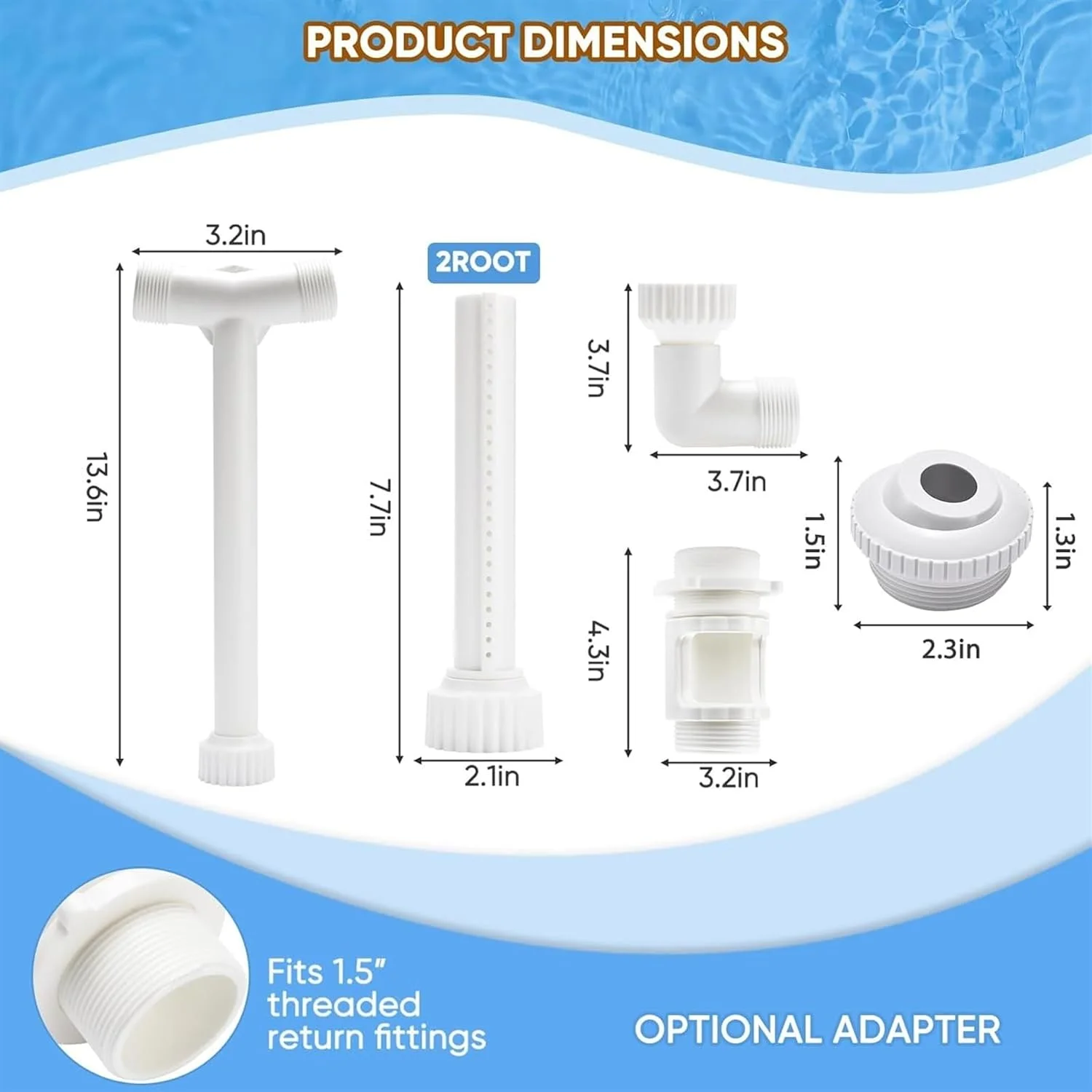 آبنمای استخری THE WHITE SHOP برای استخرهای روکار و توکار، آبشار استخری دوگانه قابل تنظیم، سیستم آبپاش خنک کننده استخر با ارتفاع و جهت قابل تنظیم، آبنمای فواره ای استخر سفید