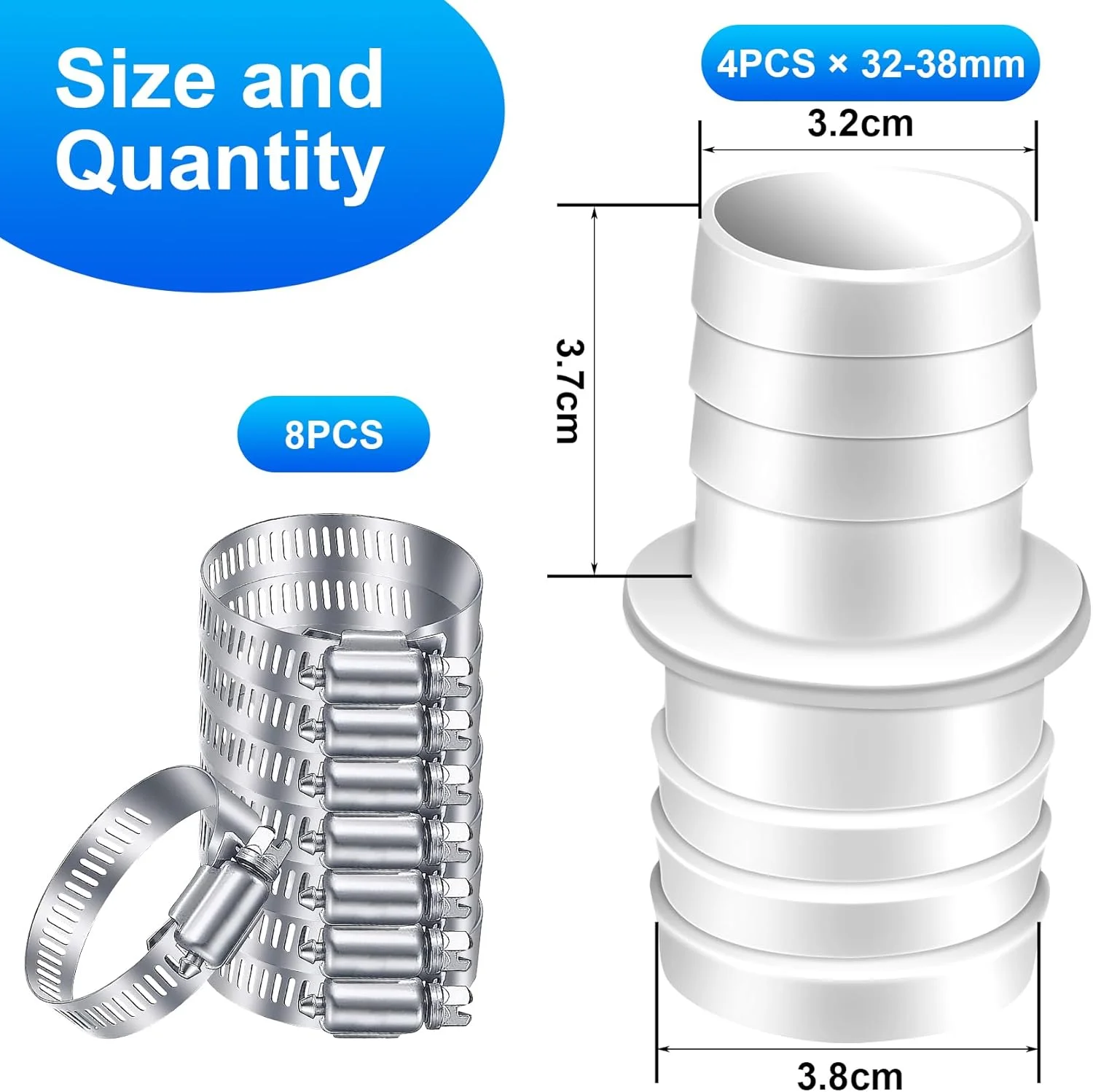 کیت اتصال شلنگ استخر Mesen، 4 عدد اتصال دهنده شلنگ با 8 عدد بست شلنگ، آداپتور شلنگ استخر دو نازله 32-38 میلی متری برای استخر، باغ، حوض