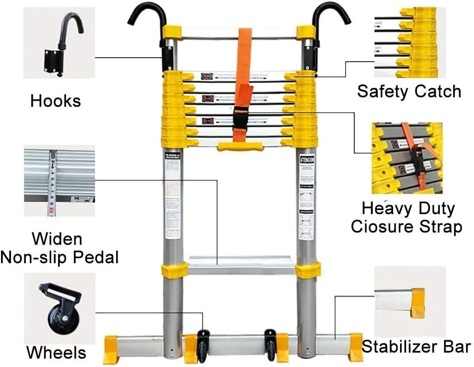 نردبان قایقی آلومینیومی بلندترین نردبان کشویی با قلاب های جداشدنی، نردبان جمع شونده با میله تثبیت کننده و چرخ، چند منظوره قابل حمل (سایز: 6.2 متر / 20.3 فوت)