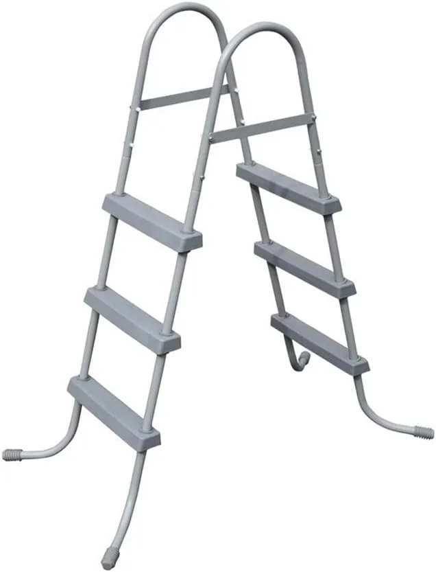 نردبان استخر روکار 42 اینچی، فولاد بادوام با پله های ضد لغزش خاکستری رنگ و نرده های بازویی