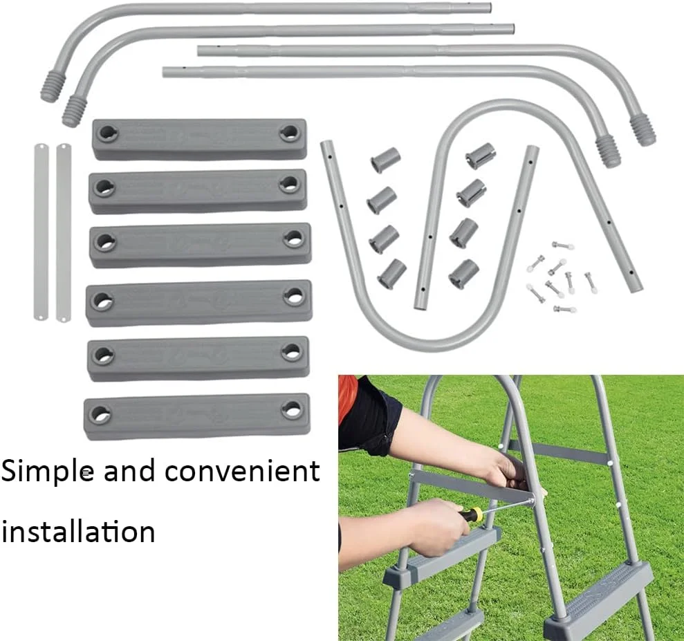 نردبان استخر روکار 42 اینچی، فولاد بادوام با پله های ضد لغزش خاکستری رنگ و نرده های بازویی