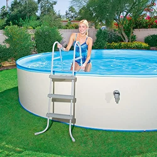 نردبان استخر روکار 42 اینچی، فولاد بادوام با پله های ضد لغزش خاکستری رنگ و نرده های بازویی