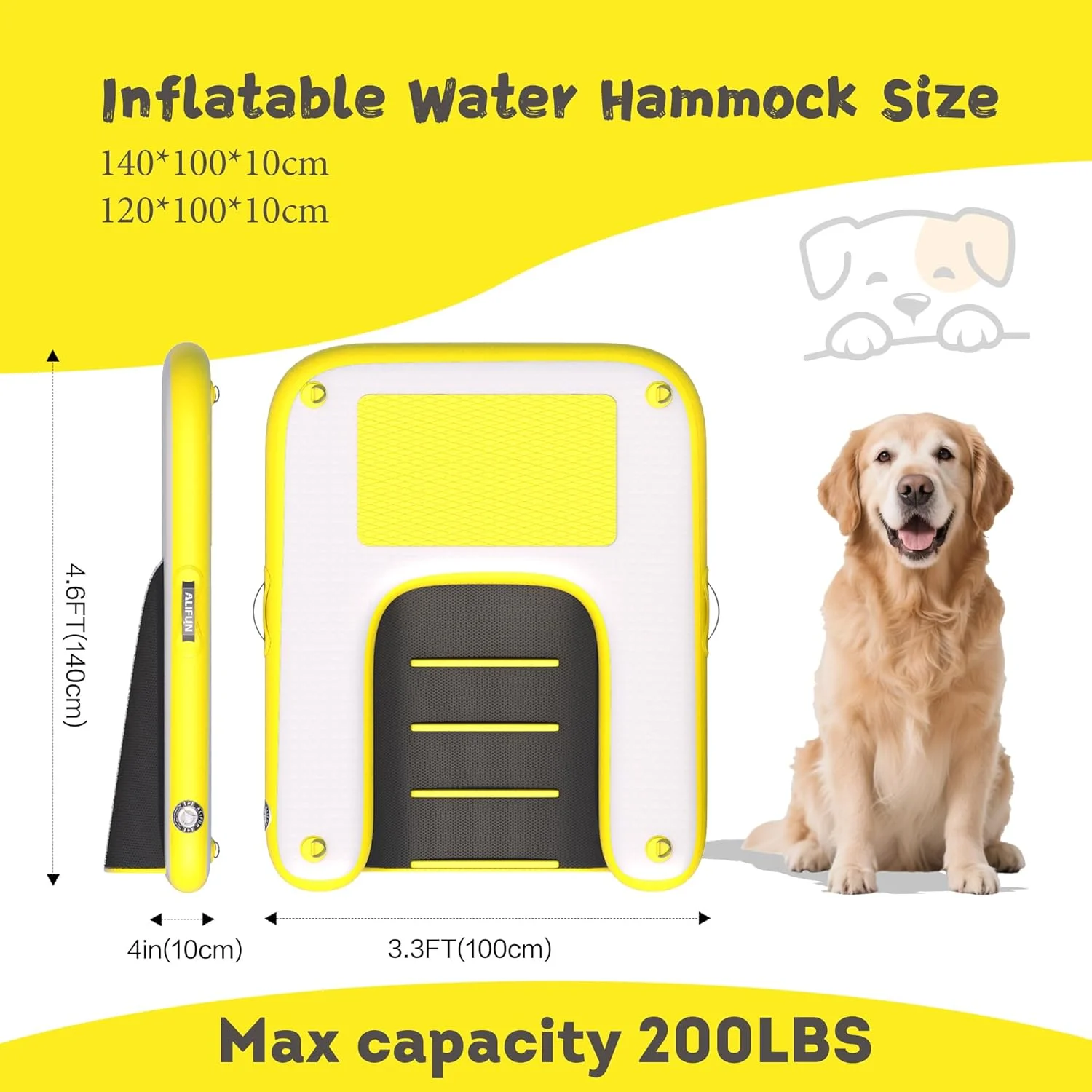 رمپ بادی سگ ALIFUN، سکوی شناور، نردبان قایق استخر، نردبان شناور EVA ضد لغزش برای سگ تا وزن 100 کیلوگرم، زرد، طول 120 سانتی متر