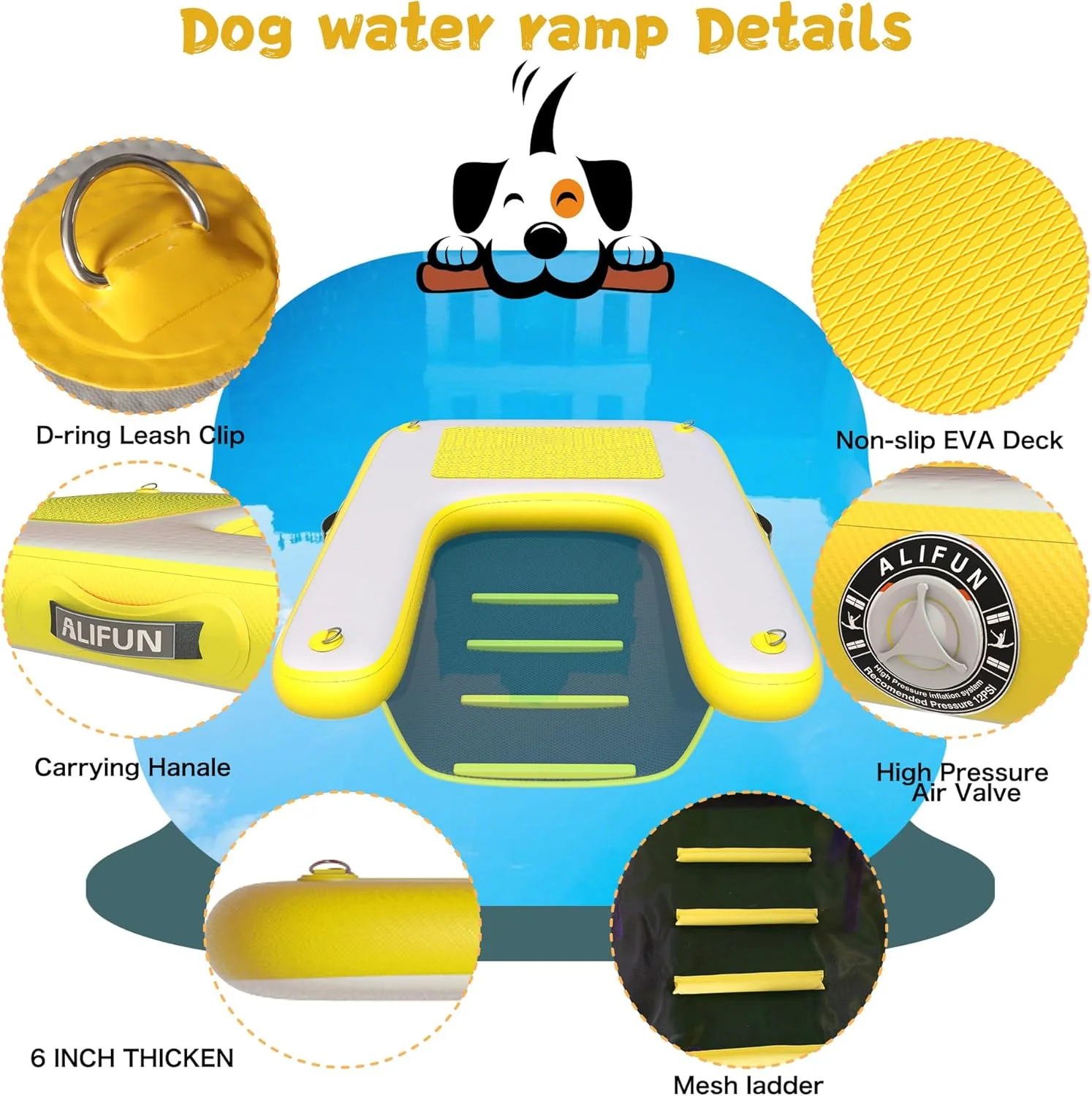 رمپ بادی سگ ALIFUN، سکوی شناور، نردبان قایق استخر، نردبان شناور EVA ضد لغزش برای سگ تا وزن 100 کیلوگرم، زرد، طول 120 سانتی متر