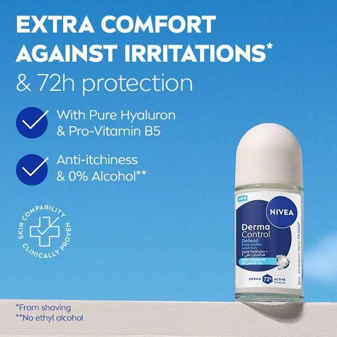 رول ضد تعریق نیوآ مدل Derma Control Defend Extra Comfort، 50 میلی لیتر، حاوی هیالورون خالص و پرو ویتامین B5، محافظت 72 ساعته رول ضد تعریق نیوآ مدل Derma Control Defend Extra Comfort، 50 میلی لیتر، حاوی هیالورون خالص و پرو ویتامین B5، محافظت 72 ساعته