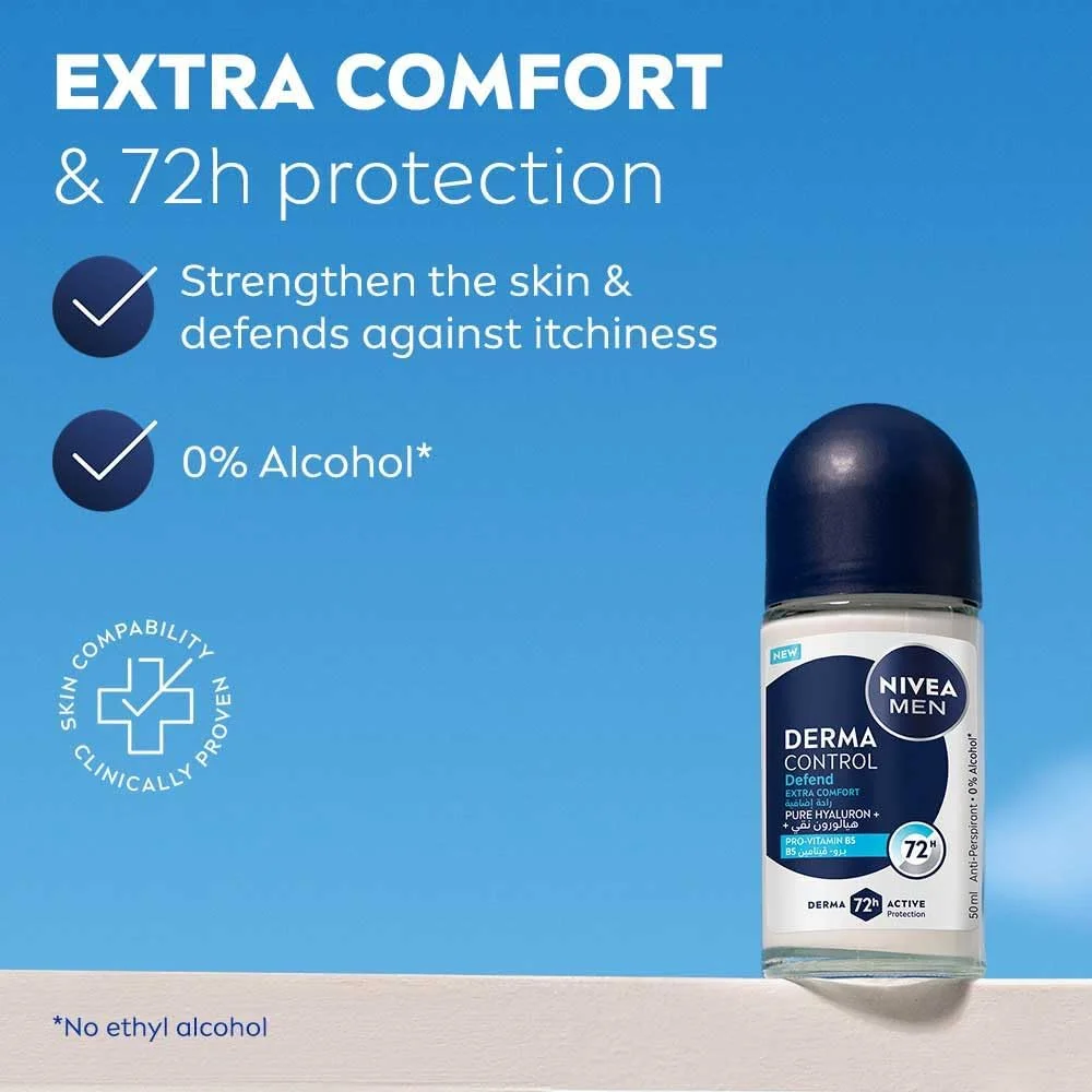 رول ضد تعریق مردانه نیوآ مدل Derma Control Defend Extra Comfort، 50 میلی لیتر، حاوی هیالورون خالص و پرو ویتامین B5، محافظت 72 ساعته