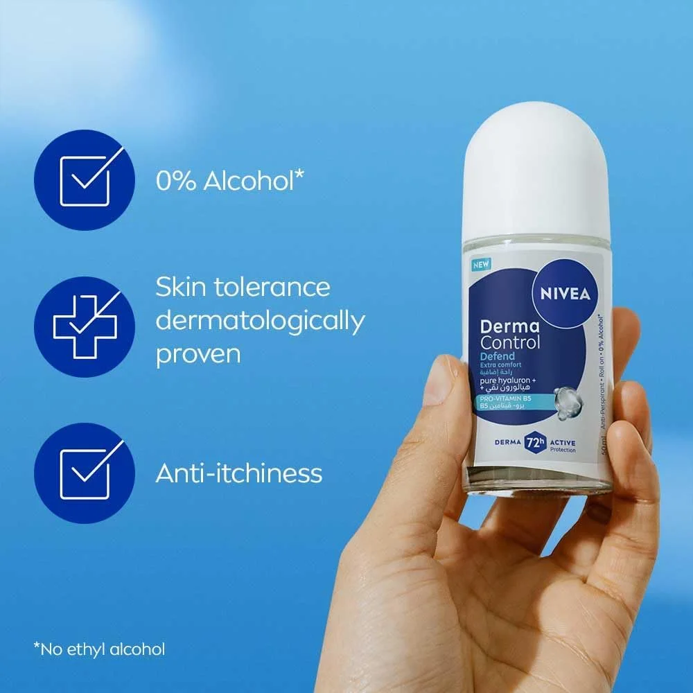 رول ضد تعریق نیوآ مدل Derma Control Defend Extra Comfort، 50 میلی لیتر، حاوی هیالورون خالص و پرو ویتامین B5، محافظت 72 ساعته رول ضد تعریق نیوآ مدل Derma Control Defend Extra Comfort، 50 میلی لیتر، حاوی هیالورون خالص و پرو ویتامین B5، محافظت 72 ساعته