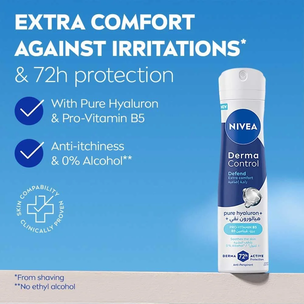اسپری ضد تعریق زنانه نیوآ مدل Derma Control Defend Extra Comfort، 200 میلی لیتر، حاوی هیالورون خالص و پرو ویتامین B5، محافظت 72 ساعته