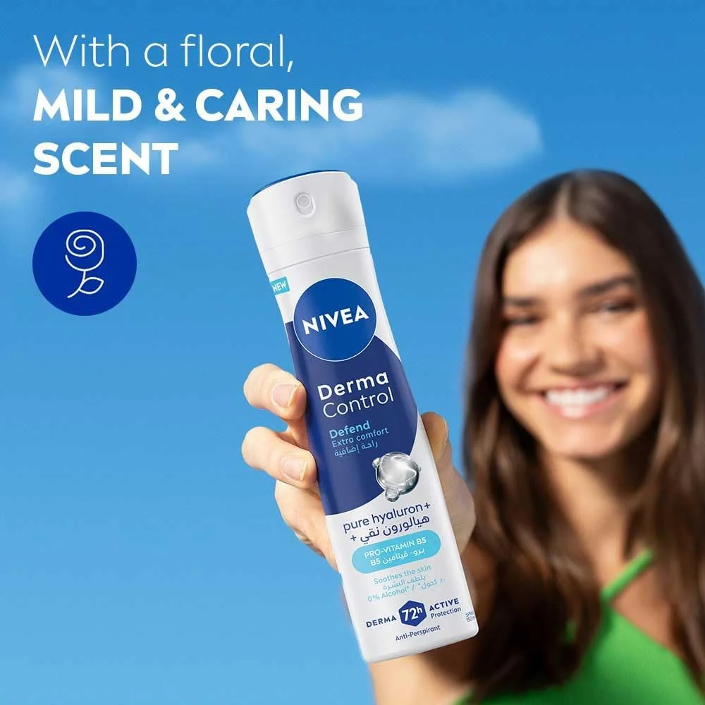 اسپری ضد تعریق نیوآ Derma Control Defend Extra Comfort، 150 میلی لیتر، حاوی هیالورون خالص و پرو ویتامین B5، محافظت 72 ساعته اسپری ضد تعریق نیوآ Derma Control Defend Extra Comfort، 150 میلی لیتر، حاوی هیالورون خالص و پرو ویتامین B5، محافظت 72 ساعته