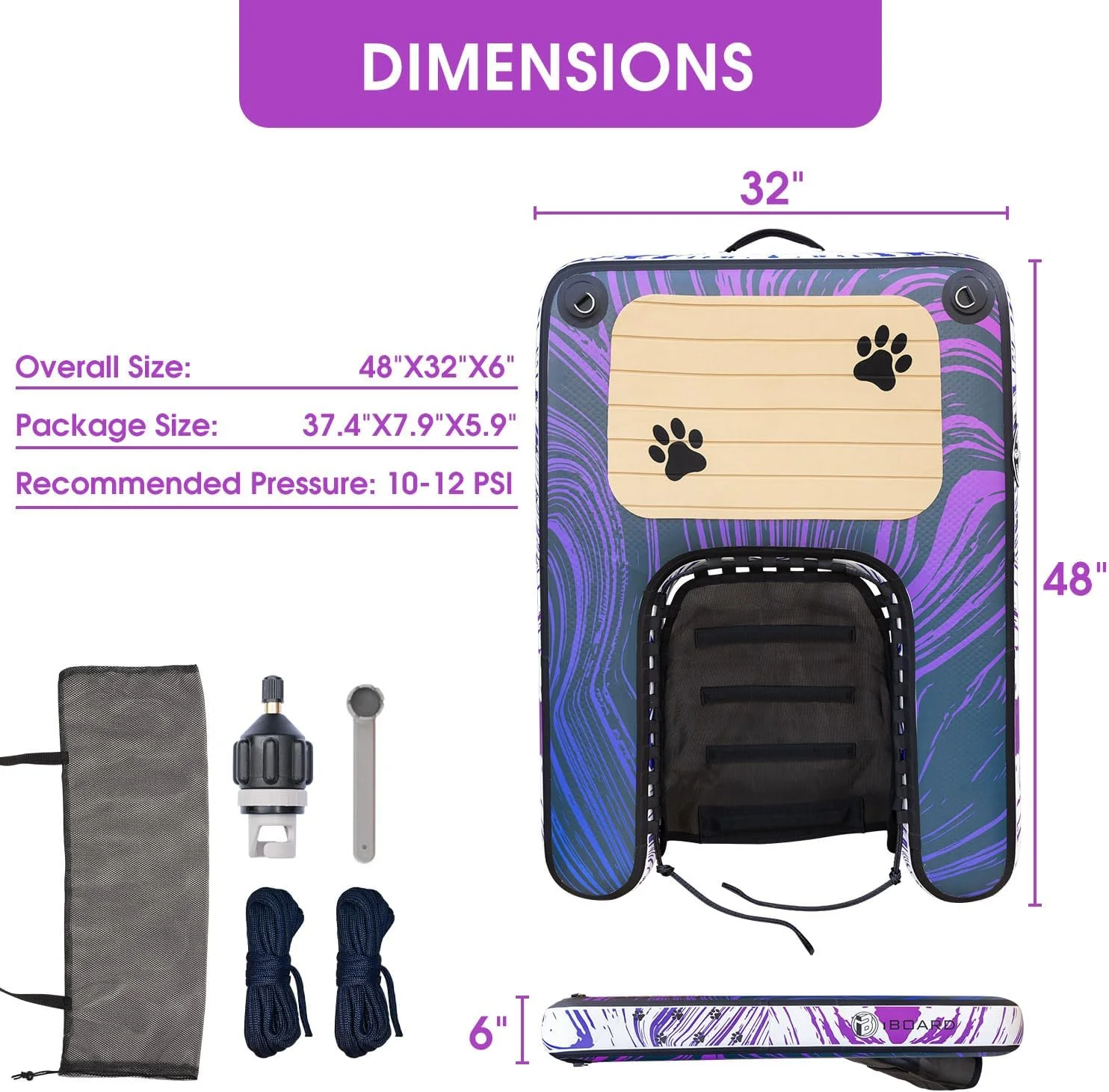 رمپ شناور بادی سگ iBoard با نردبان، رمپ شناور قابل حمل برای استخرها، قایق ها، اسکله ها، فوم EVA ضد لغزش، تا 100 کیلوگرم، بنفش/آبی