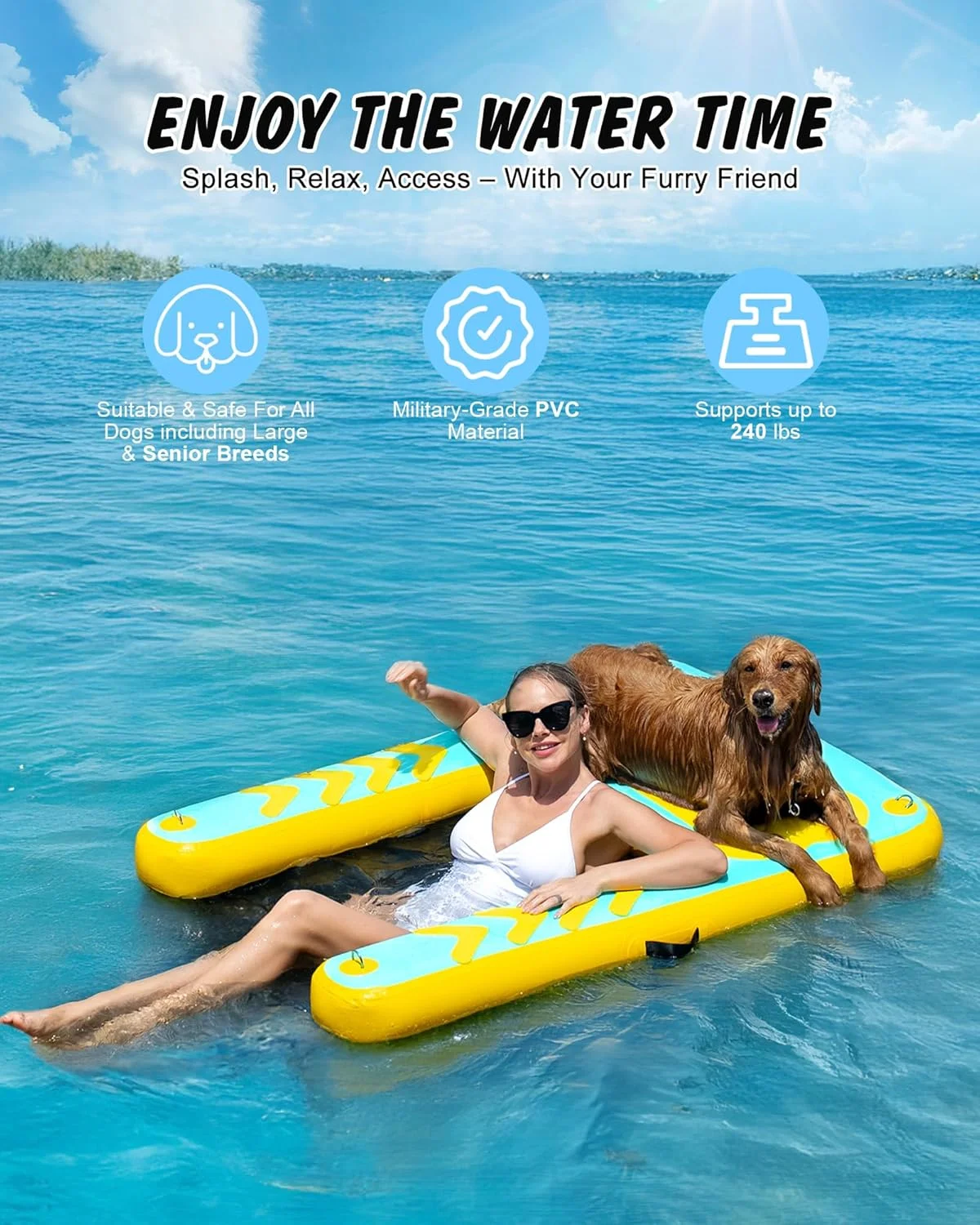 رمپ استخر بادی سگ، 150x100 سانتی متر رمپ قایق سگ بسیار بزرگ برای سگ ها تا وزن 110 کیلوگرم برای دریاچه ها و اسکله ها، سکوی شناور غیر لغزنده و مقاوم در برابر سوراخ شدن، نردبان رمپ آبی