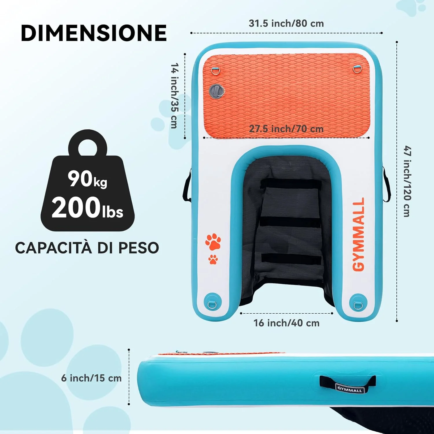 سکوی بادی سگ GYMMALL، آبی، 82 x 120 سانتی متر، رمپ آبی برای قایق، استخر، دریاچه و دریا، سکوی ایمنی ضد لغزش برای سگ ها تا 90 کیلوگرم، رمپ سگ EVA با نردبان شنا