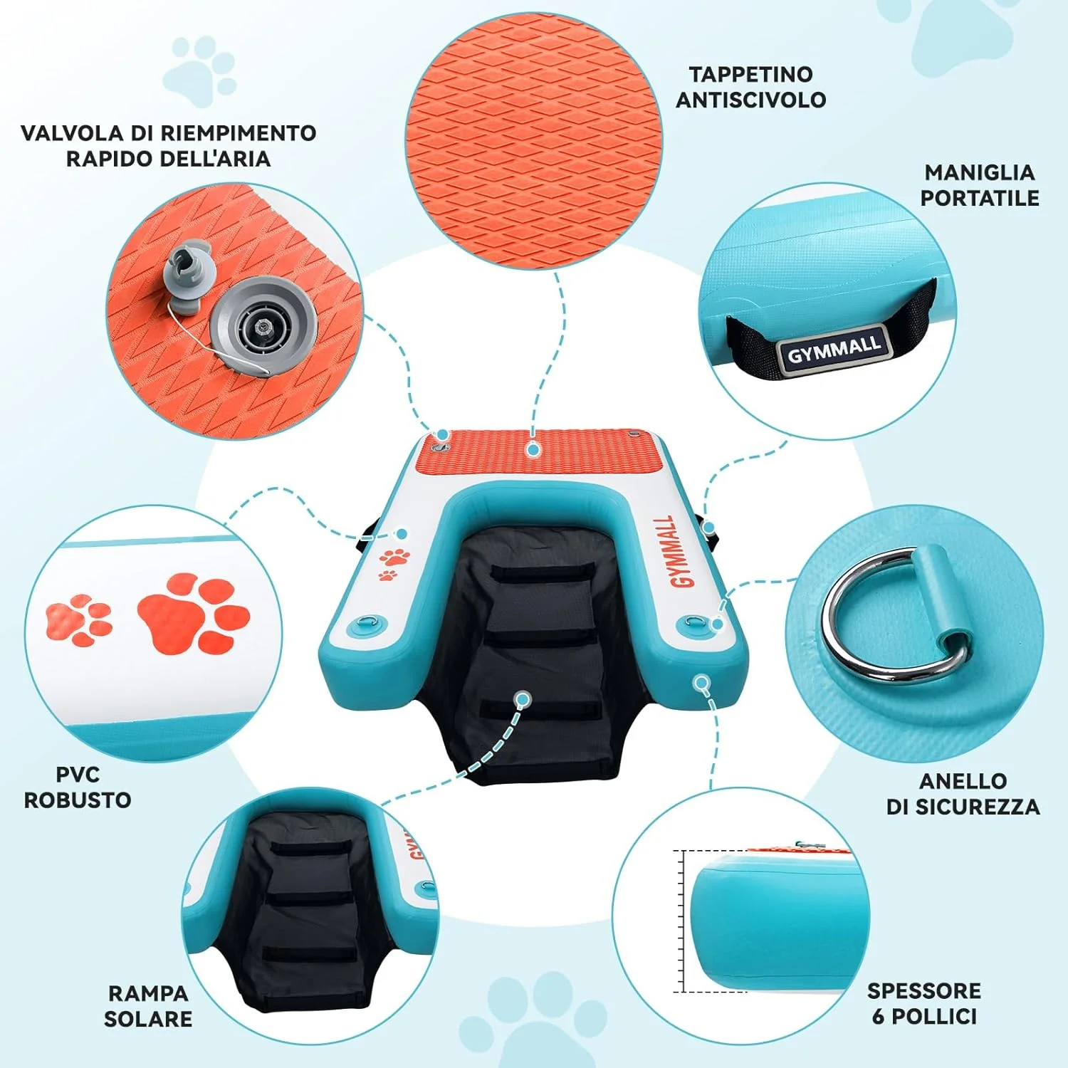 سکوی بادی سگ GYMMALL، آبی، 82 x 120 سانتی متر، رمپ آبی برای قایق، استخر، دریاچه و دریا، سکوی ایمنی ضد لغزش برای سگ ها تا 90 کیلوگرم، رمپ سگ EVA با نردبان شنا