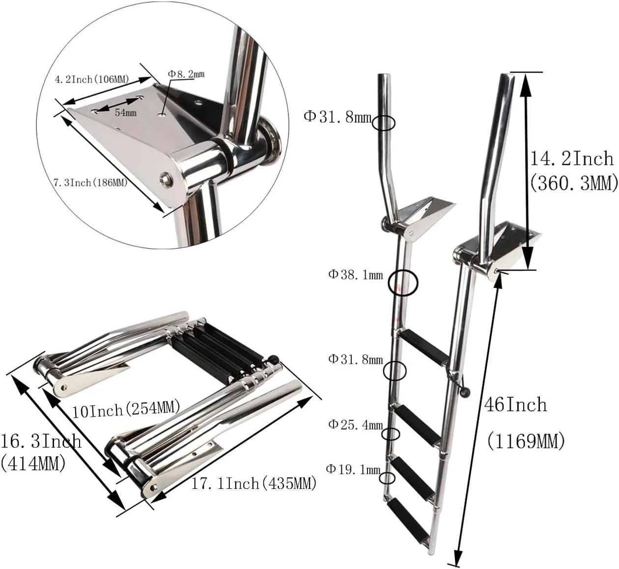نردبان تلسکوپی 4 پله استیل ضد زنگ FUTURUP، نردبان تاشو اسکله برای قایق تفریحی دریایی، استخر شنا، ظرفیت 600 پوند با نرده های دستی L نردبان تلسکوپی 4 پله استیل ضد زنگ FUTURUP، نردبان تاشو اسکله برای قایق تفریحی دریایی، استخر شنا، ظرفیت 600 پوند با نرده های دستی L