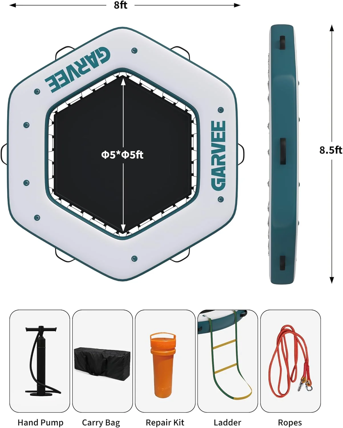 سکوی شناور بادی گامون 2.5x2.5 متری، سکوی شناور بادی شش ضلعی با ناحیه شنا توری، سکوی EVA ضد لغزش و نردبان طنابی، مناسب استخر، دریاچه، ساحل، اقیانوس