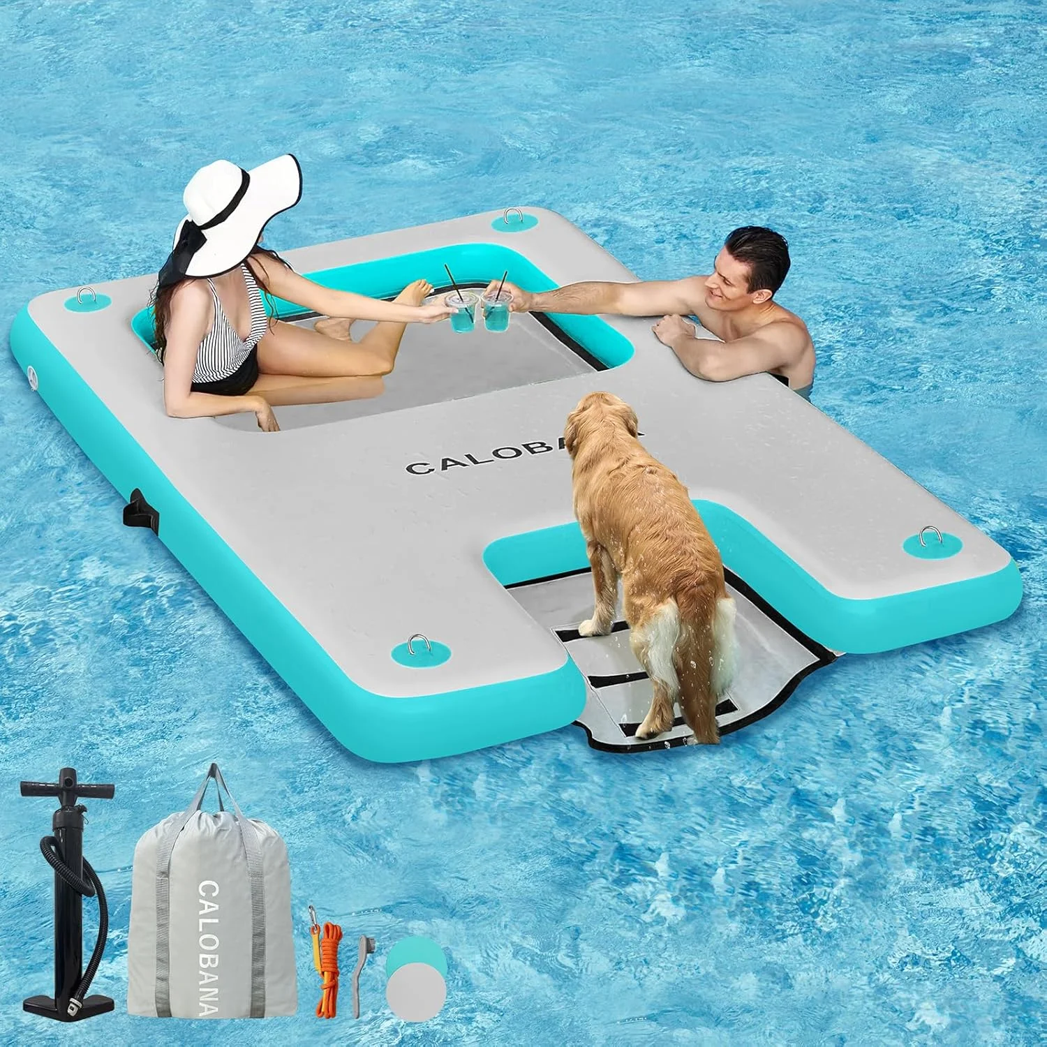 سکوی شناور بادی CALOBANA با توری، شناورهای دریاچه با سطح شیب دار قایق، استخر آفتاب گرفتن، استراحتگاه، تخت آویز آبی برای مهمانی خانوادگی، استخر، دریا، اسکله رودخانه، قایق